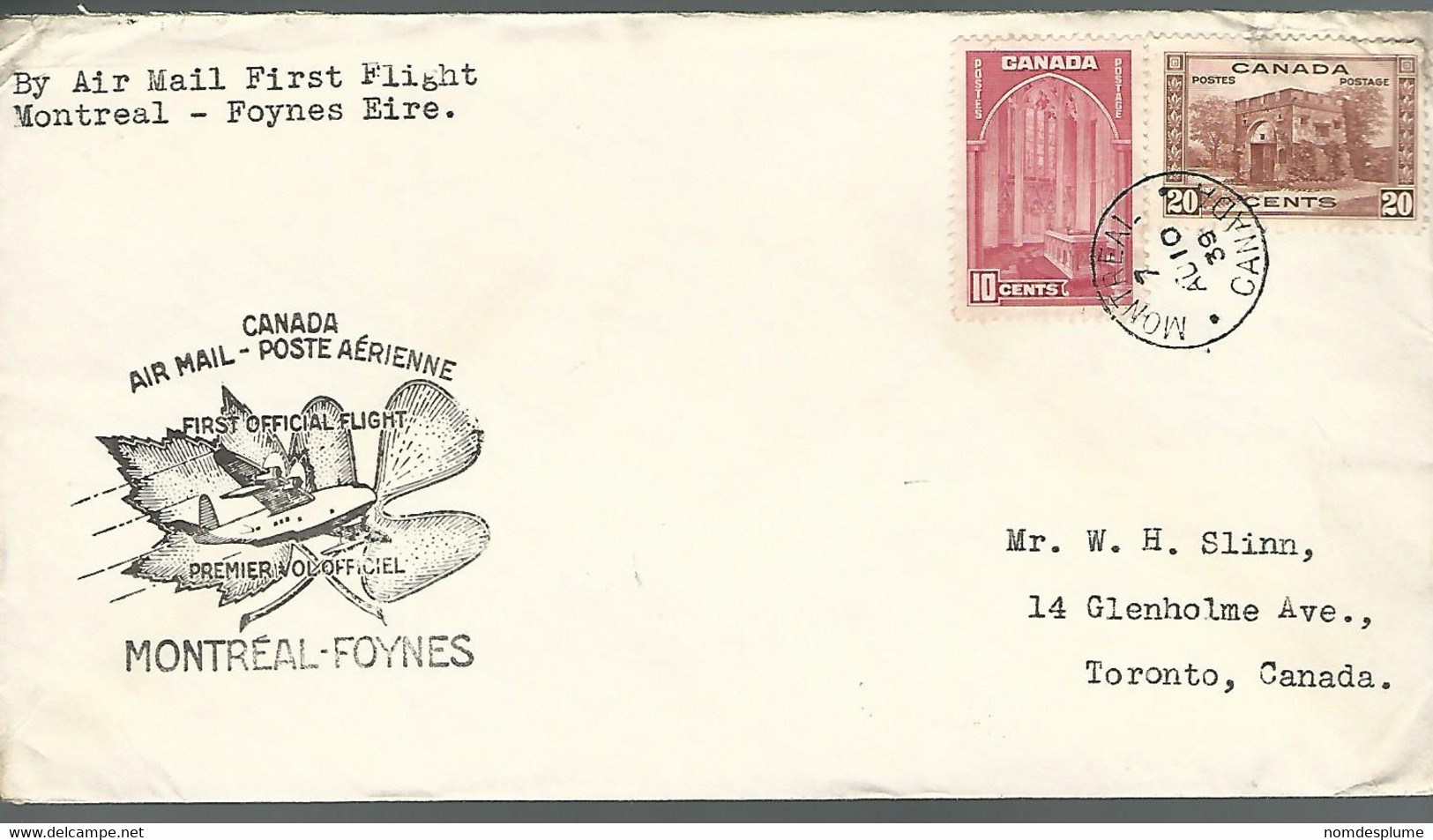 59612) Canada First Flight Montreal To Foynes Postmark Cancel Montreal 1939 - First Flight Covers