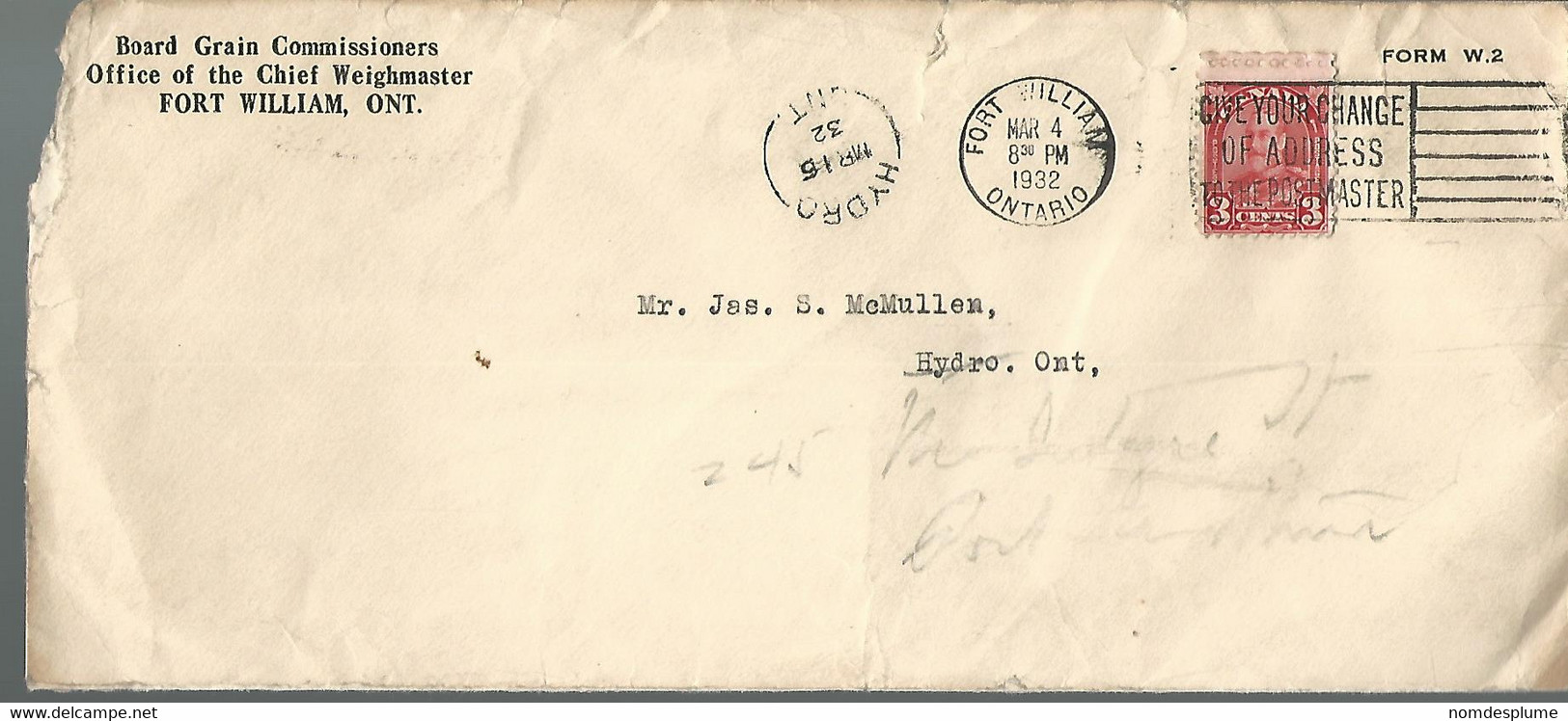 Covers & Documents - 59617) Canada Postmark Cancel Slogan Fort William 1932  Hydro Closed Post Office