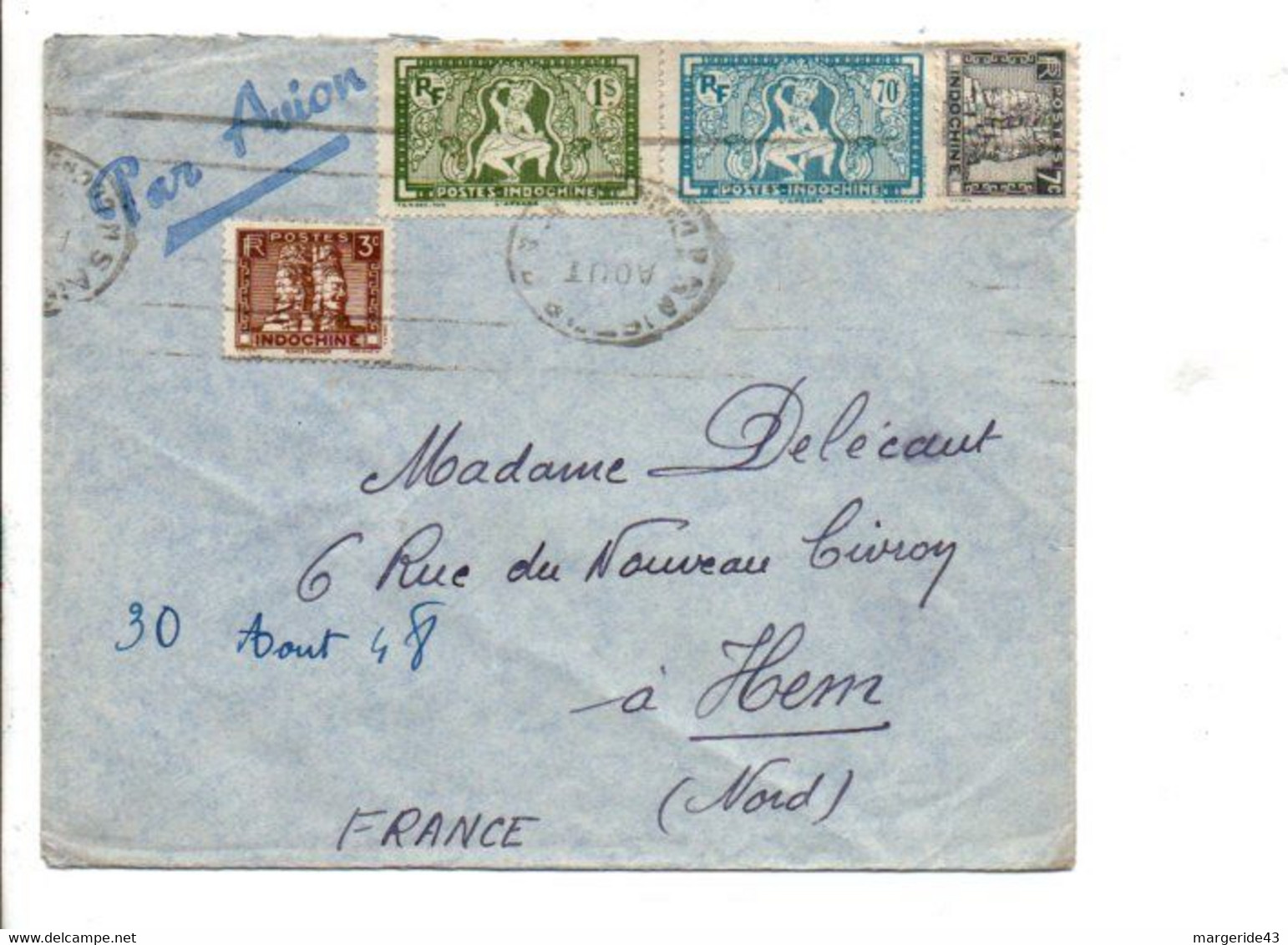 COCHINCHINE AFFRANCHISSEMENT COMPOSE SUR LETTRE DE SAÏGON POUR LA FRANCE 1947 - Cartas & Documentos