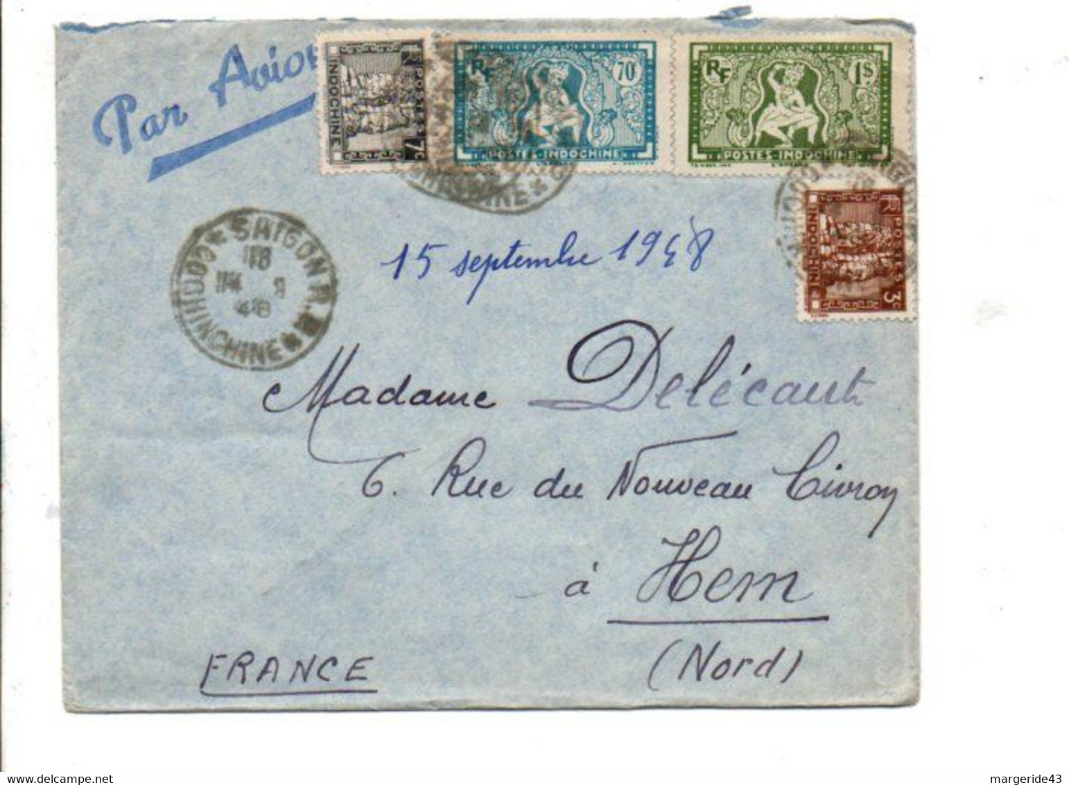 COCHINCHINE AFFRANCHISSEMENT COMPOSE SUR LETTRE DE SAÏGON POUR LA FRANCE 1948 - Storia Postale