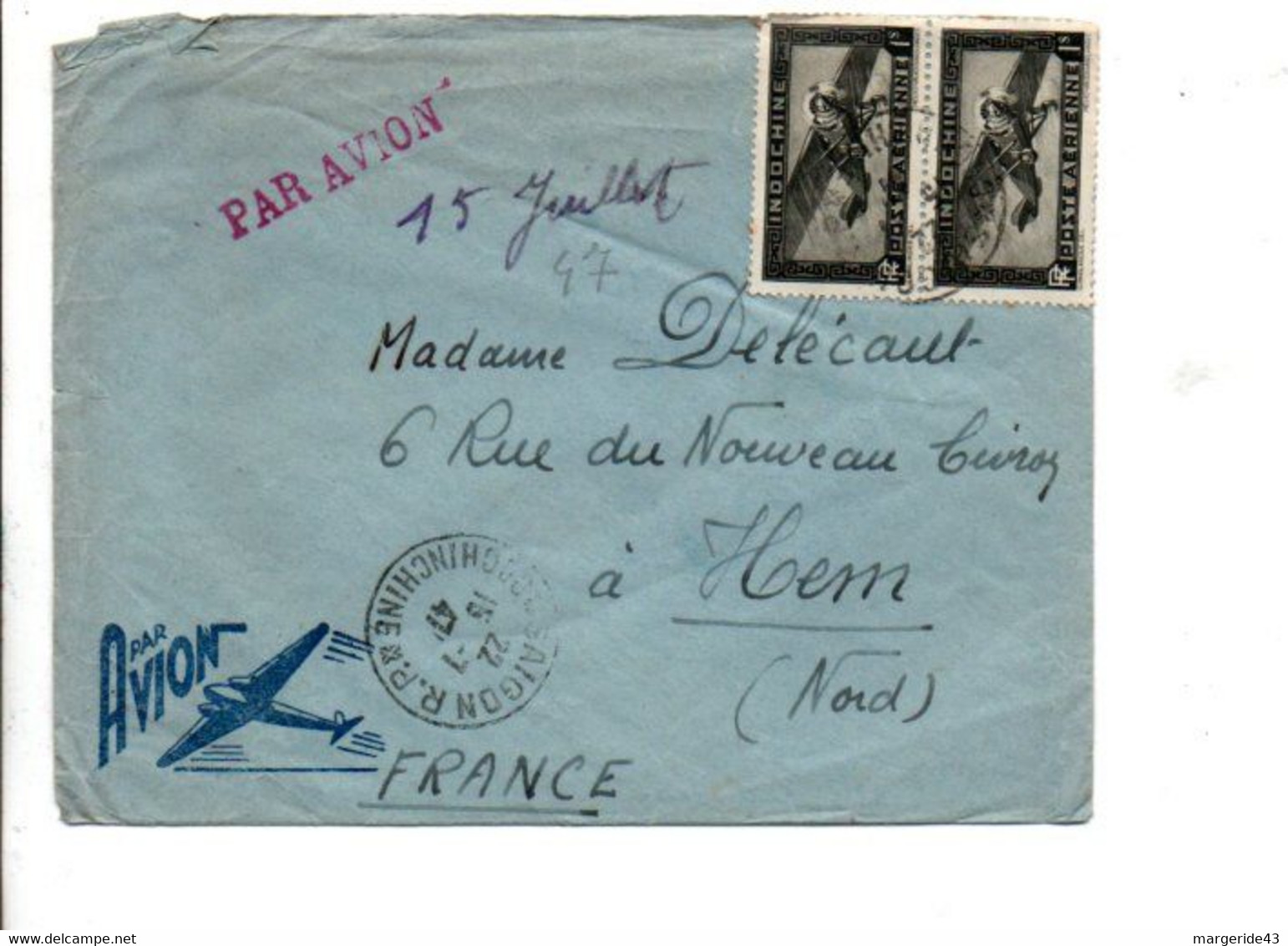 COCHINCHINE AFFRANCHISSEMENT COMPOSE SUR LETTRE DE SAÏGON POUR LA FRANCE 1947 - Lettres & Documents