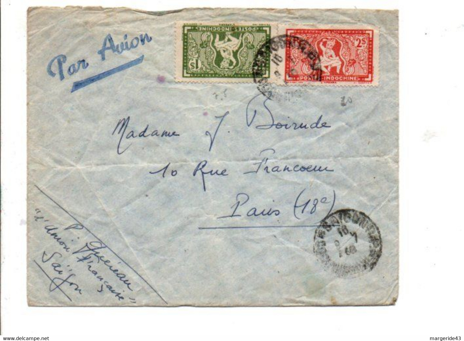 COCHINCHINE AFFRANCHISSEMENT COMPOSE SUR LETTRE DE SAÏGON POUR LA FRANCE 1948 - Briefe U. Dokumente