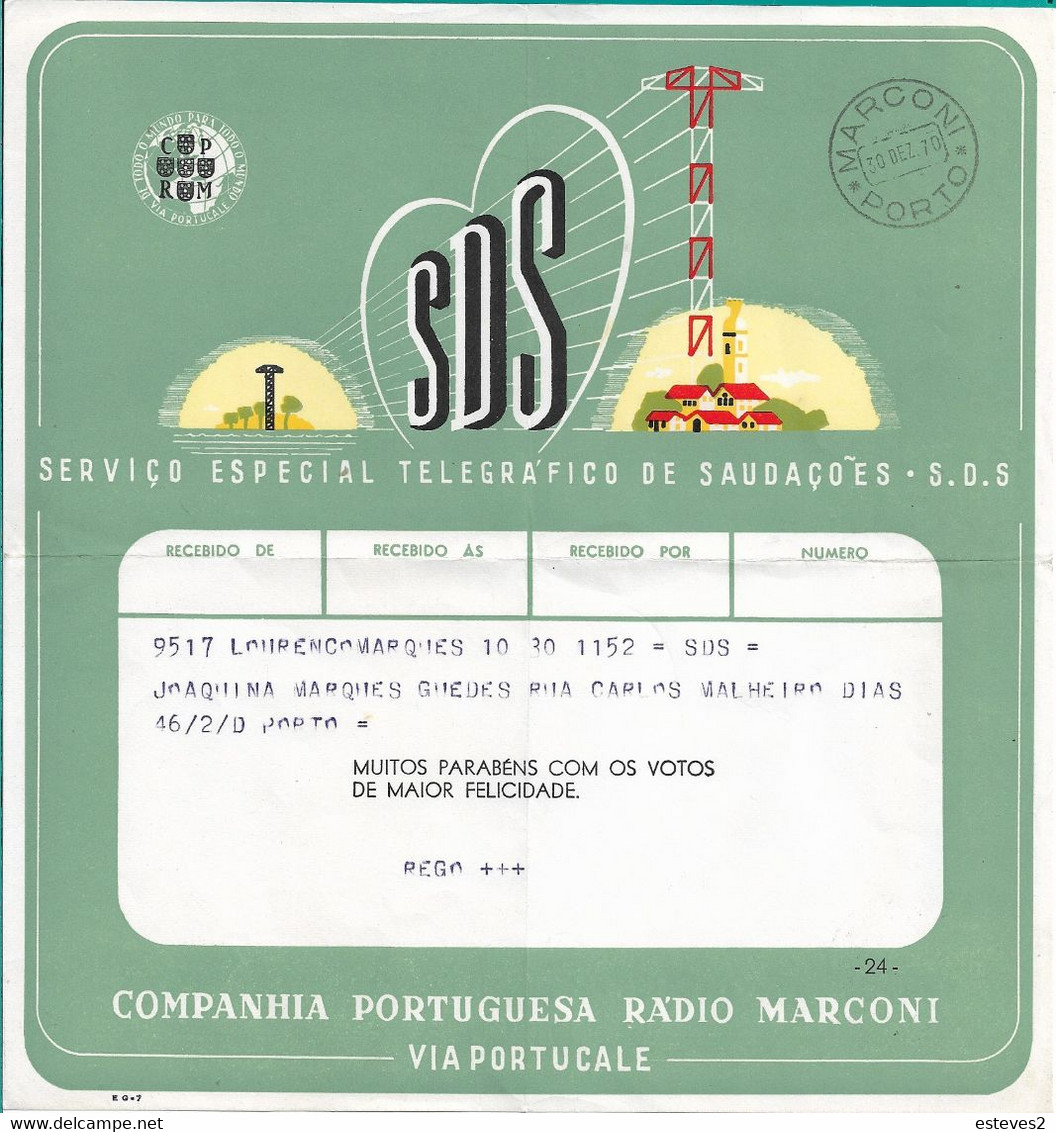 Portugal 1970 , SOS Telegraph , Radio Marconi  Porto Stamp - Brieven En Documenten