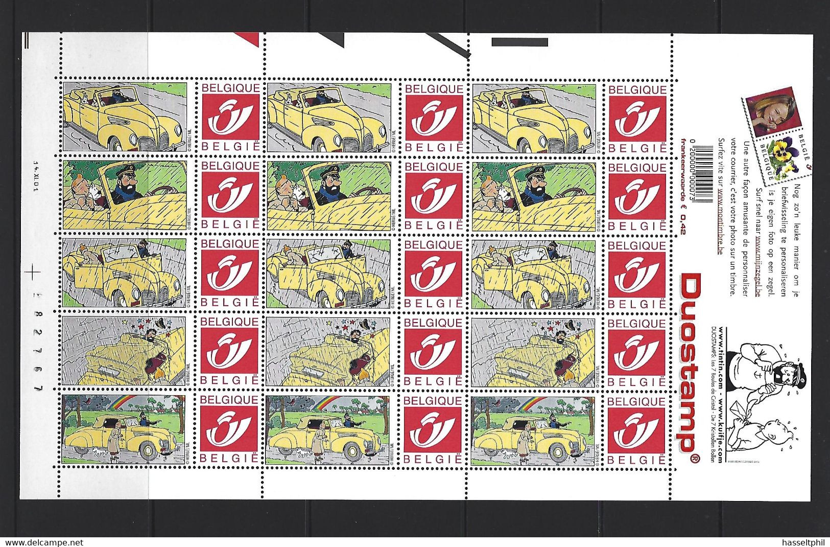 BELGIQUE - BELGIE Mijn Zegel DUOSTAMP  -  Volledig Vel Van 15 Postzegels KUIFJE - TINTIN - Philabédés