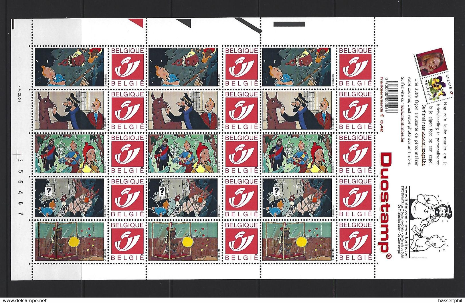 BELGIQUE - BELGIE Mijn Zegel DUOSTAMP  -  Volledig Vel Van 15 Postzegels KUIFJE - TINTIN - Philabédés