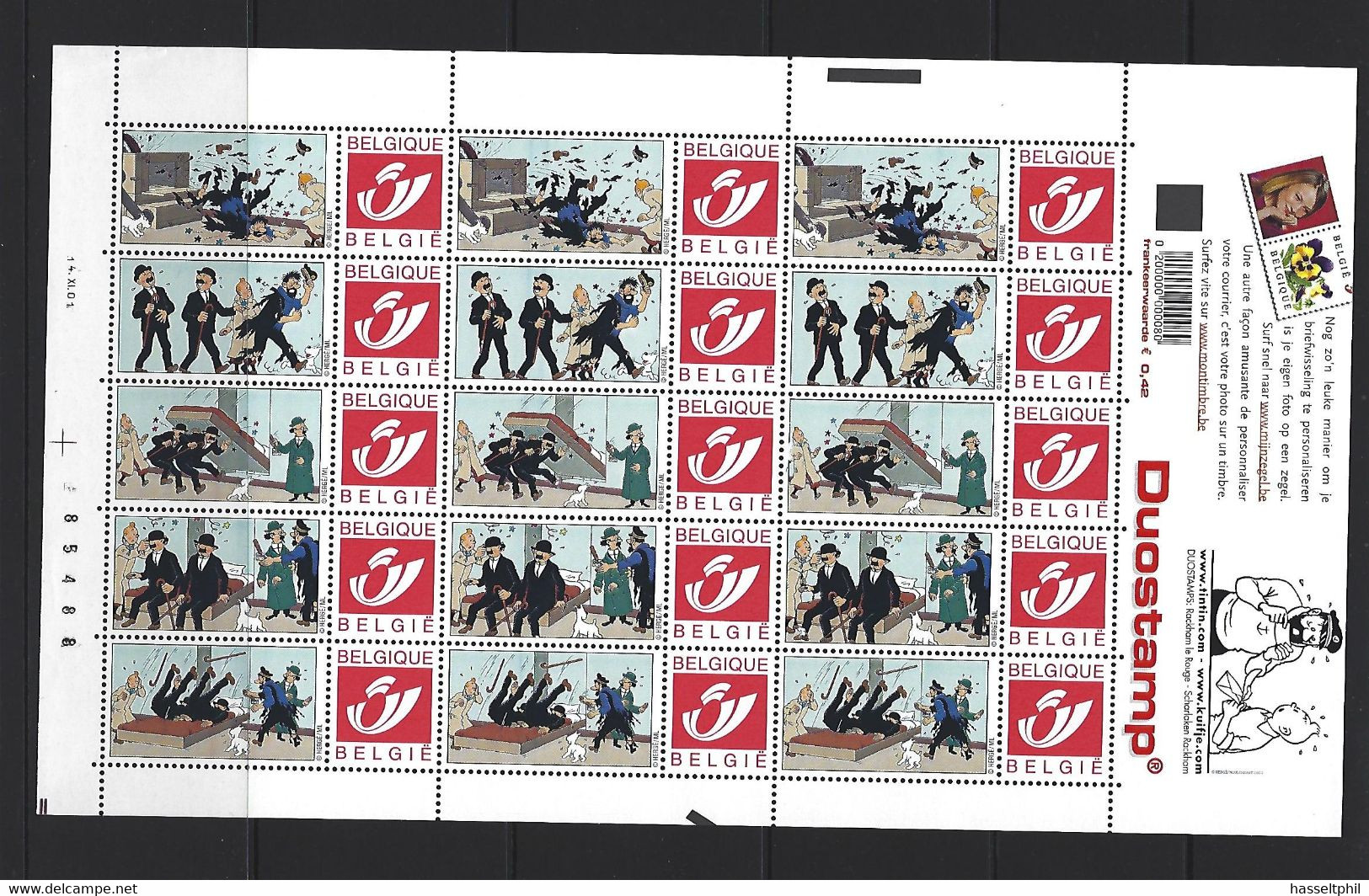 BELGIQUE - BELGIE Mijn Zegel DUOSTAMP  -  Volledig Vel Van 15 Postzegels KUIFJE - TINTIN - Philabédés