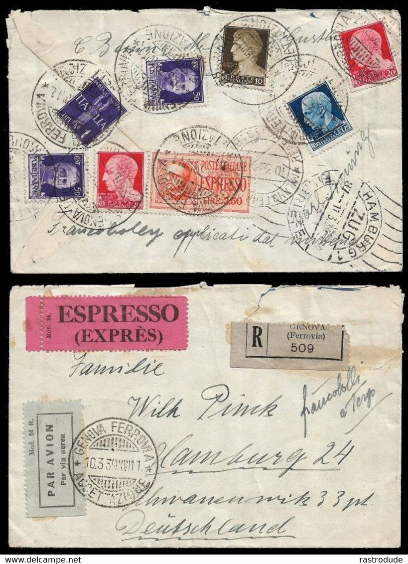 1939 REGNO D'ITALIA  REGISTERED ESPRESSO AIRMAIL LETTER TO HAMBURG, GERMANY Sass. 245,247(2),251(2),253, PA 14, PE 16 - Eilsendung (Eilpost)