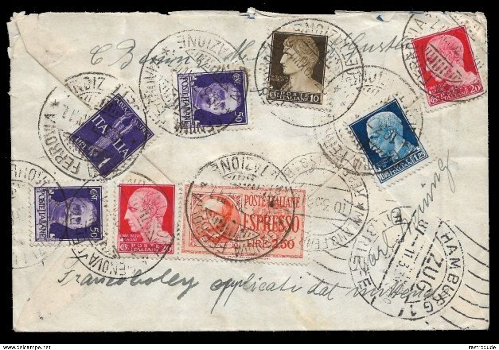 1939 REGNO D'ITALIA  REGISTERED ESPRESSO AIRMAIL LETTER TO HAMBURG, GERMANY Sass. 245,247(2),251(2),253, PA 14, PE 16 - Express Mail