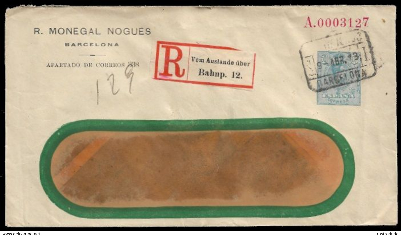 1913 ENTERO POSTAL PRIVADO ALFONSO XIII 50C LAIZ 371 - R. MONEGAL NOGUES BARCELONA - CERTIFICADO A ALEMANIA - RARA - 1850-1931