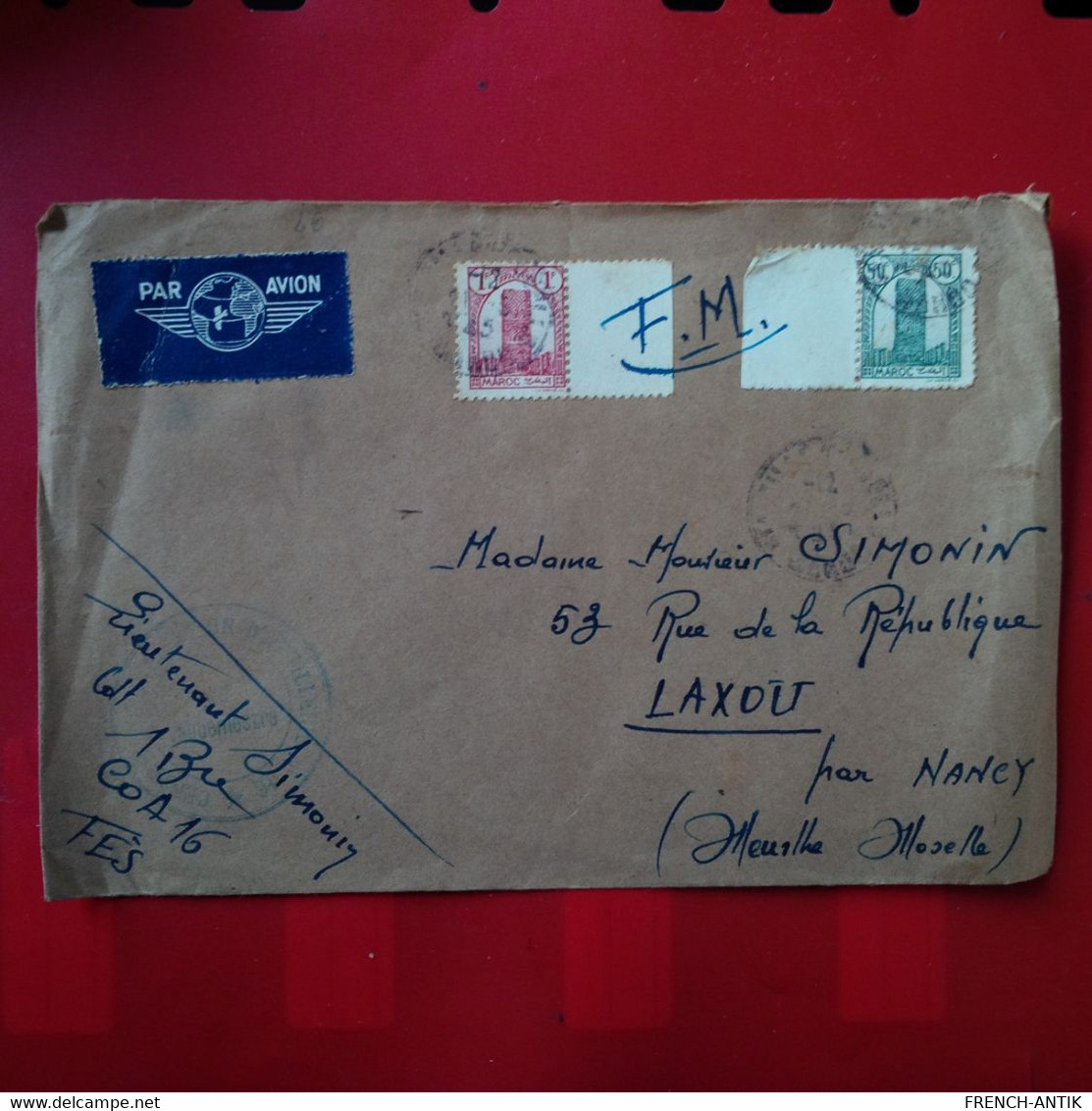 LETTRE MAROC POUR LAXOU PAR AVION F.M 1945 - Lettres & Documents