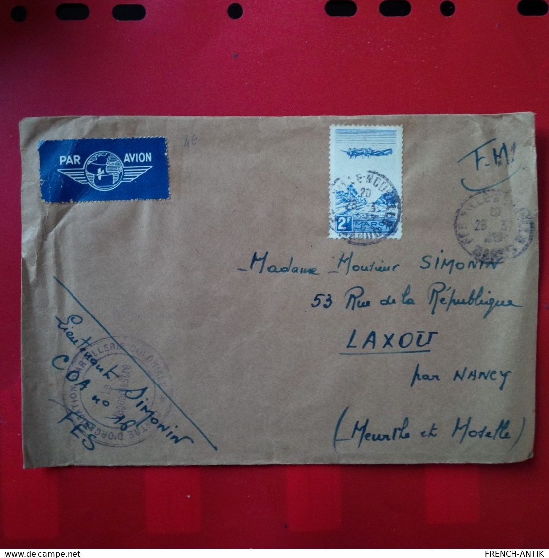 LETTRE MAROC FES POUR LAXOU PAR AVION F.M 1945 - Lettres & Documents
