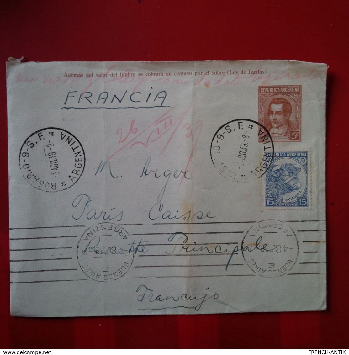 LETTRE ARGENTINA ROSARIO POUR PARIS 1939 - Briefe U. Dokumente