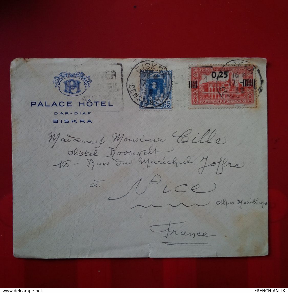 LETTRE BISKRA PALACE HOTEL POUR NICE HOTEL ROOSEVELT - Covers & Documents
