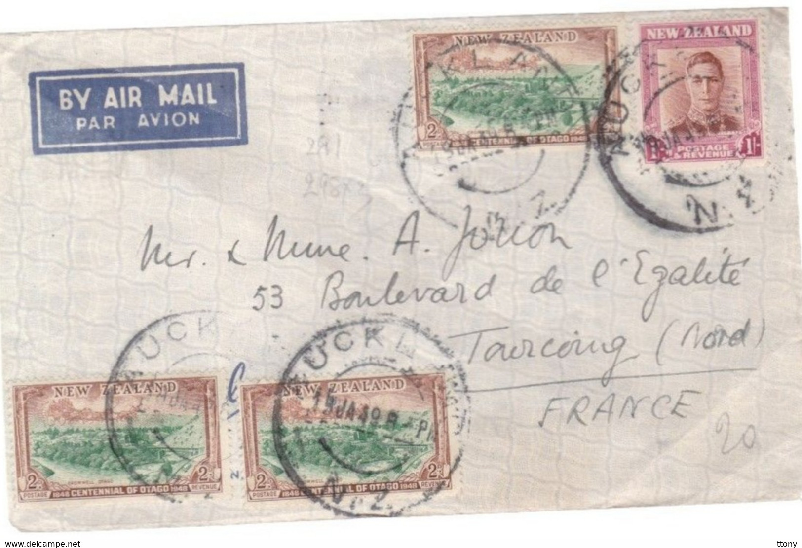 4 Timbres New Zealand   Nouvelle-Zélande  Destination  Tourcoing France  1949 - Briefe U. Dokumente