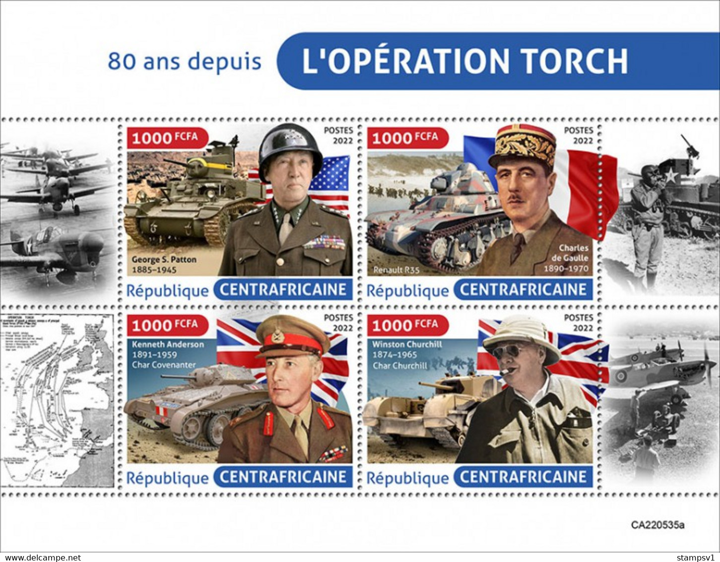 Central Africa  2022 Operation Torch. Charles DeGaulle. Winston Churchill. (535a) OFFICIAL ISSUE - Sir Winston Churchill