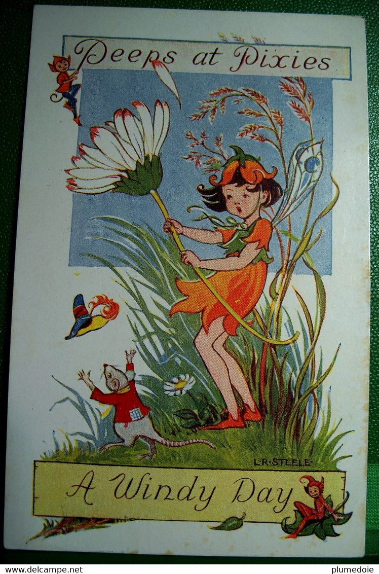 CPA  ILLUSTRATEUR .féerie CHEZ LES LUTINS . UN JOUR DE VENT. FLEURS.  1945 PEEPS AT PIXIES. WINDY DAY A/S STEELE - Blumen