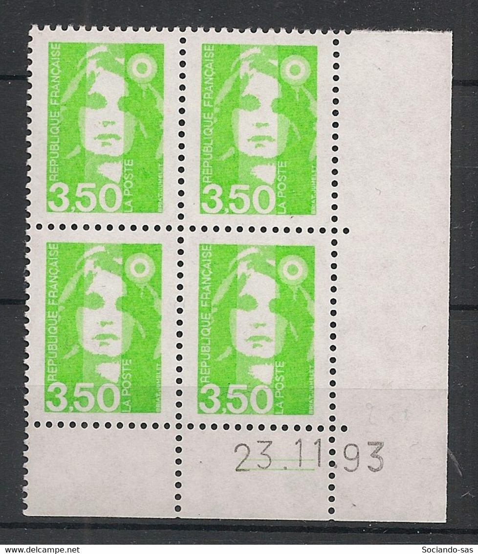 France - 1993 - N°Yv. 2821 - Marianne De Briat 3f50 Vert Clair - Bloc De 4 Coin Daté - Neuf Luxe ** / MNH / Postfrisch - 1990-1999