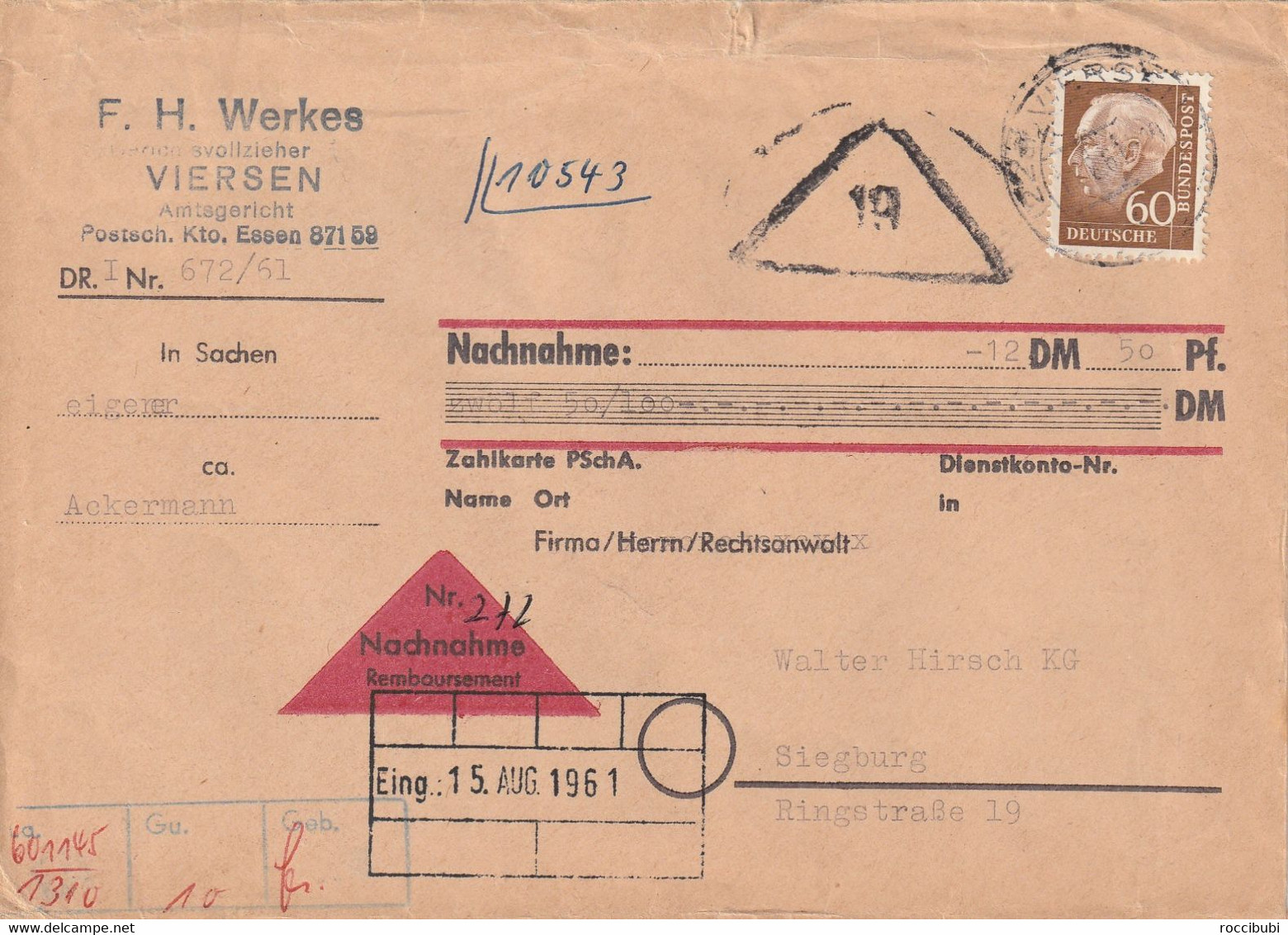 Nachnahme Beleg 1961 Mit Heuss 60 Pf. - Sonstige & Ohne Zuordnung