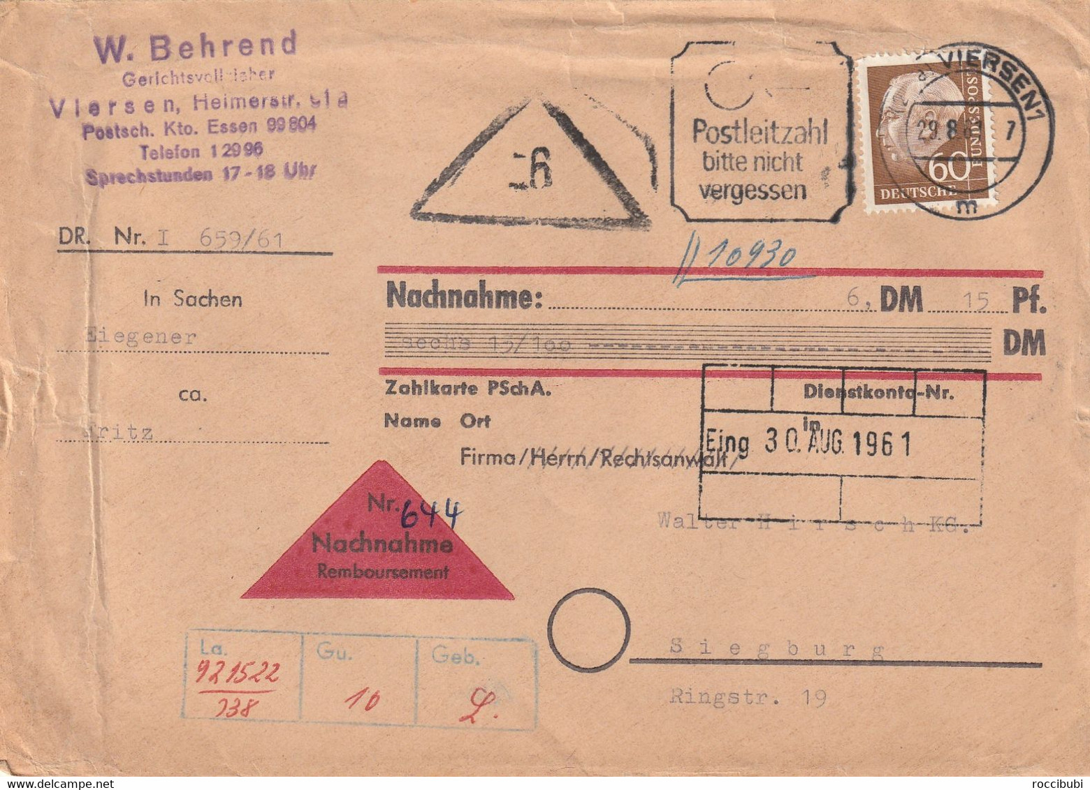Nachnahme Beleg 1961 Mit Heuss 60 Pf. - Sonstige & Ohne Zuordnung