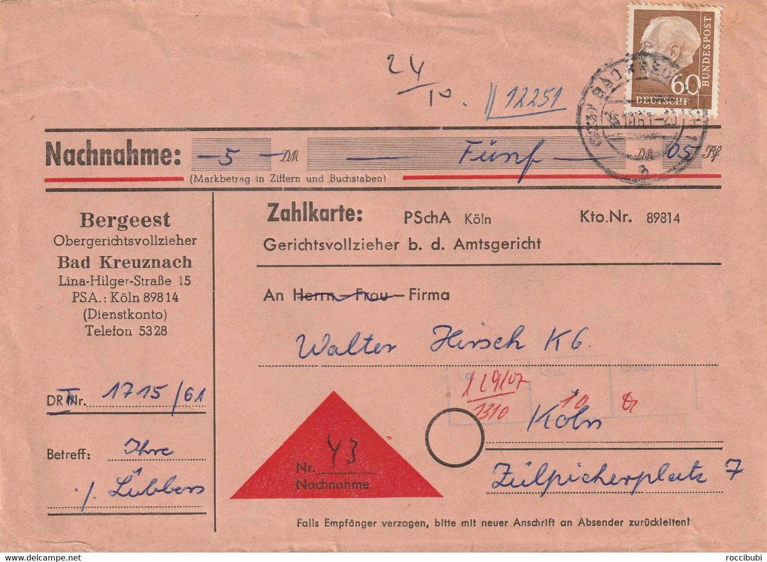 Nachnahme Beleg 1961 Mit Heuss 60 Pf. - Sonstige & Ohne Zuordnung