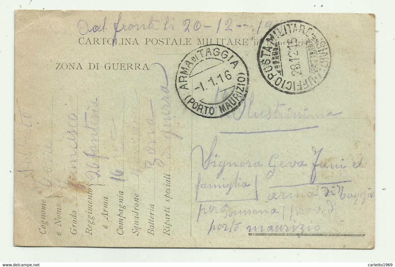 CARTOLINA REGIO ESERCITO 26  FANTERIA 1916 ARMA DI TAGGIA - Entiers Postaux