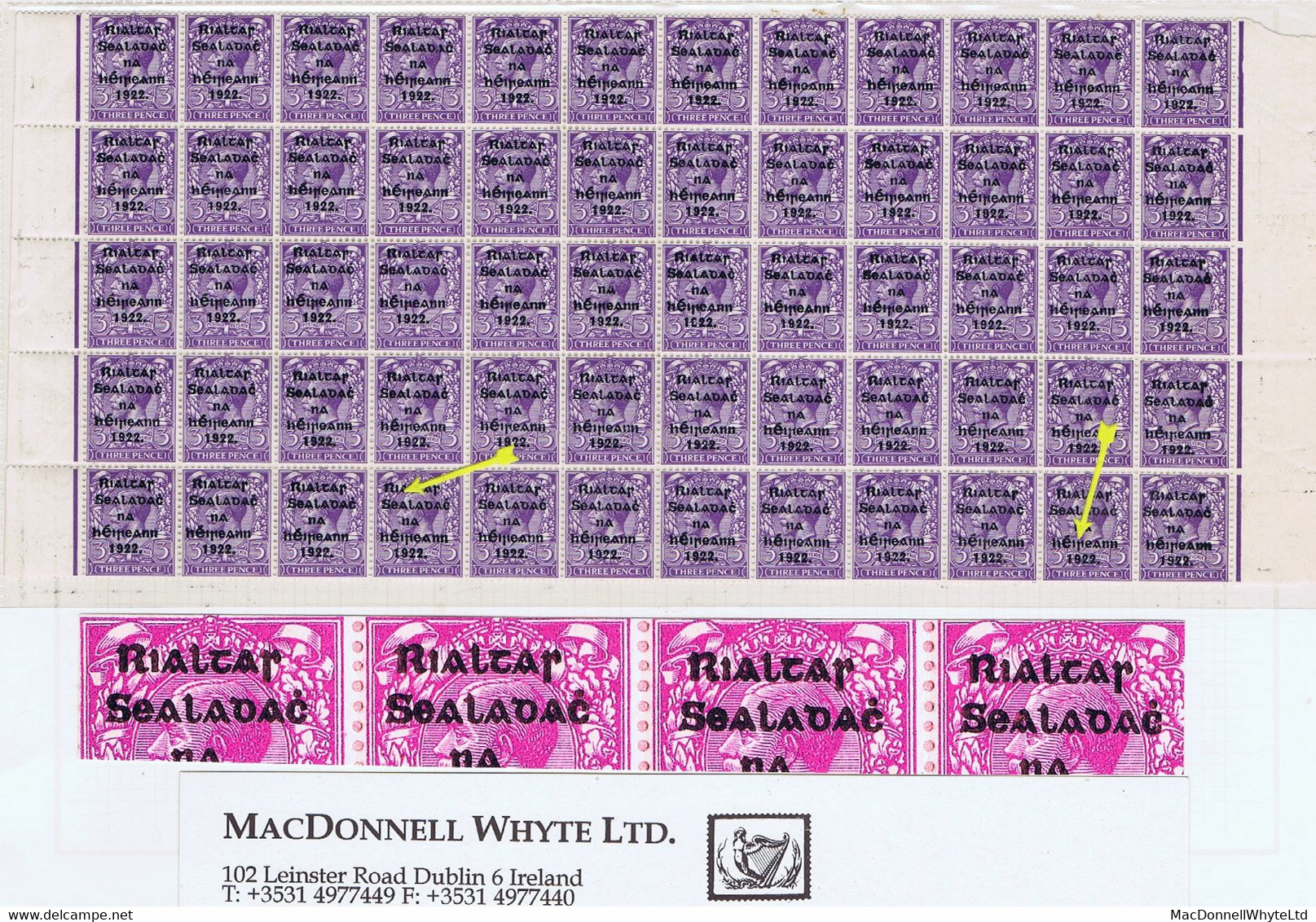 Ireland 1922 Thom Rialtas Ovpt In Blue-black On 3d Violet, Block Of 60 With "R Over SE' And "Ei Over 1" Mint - Ungebraucht