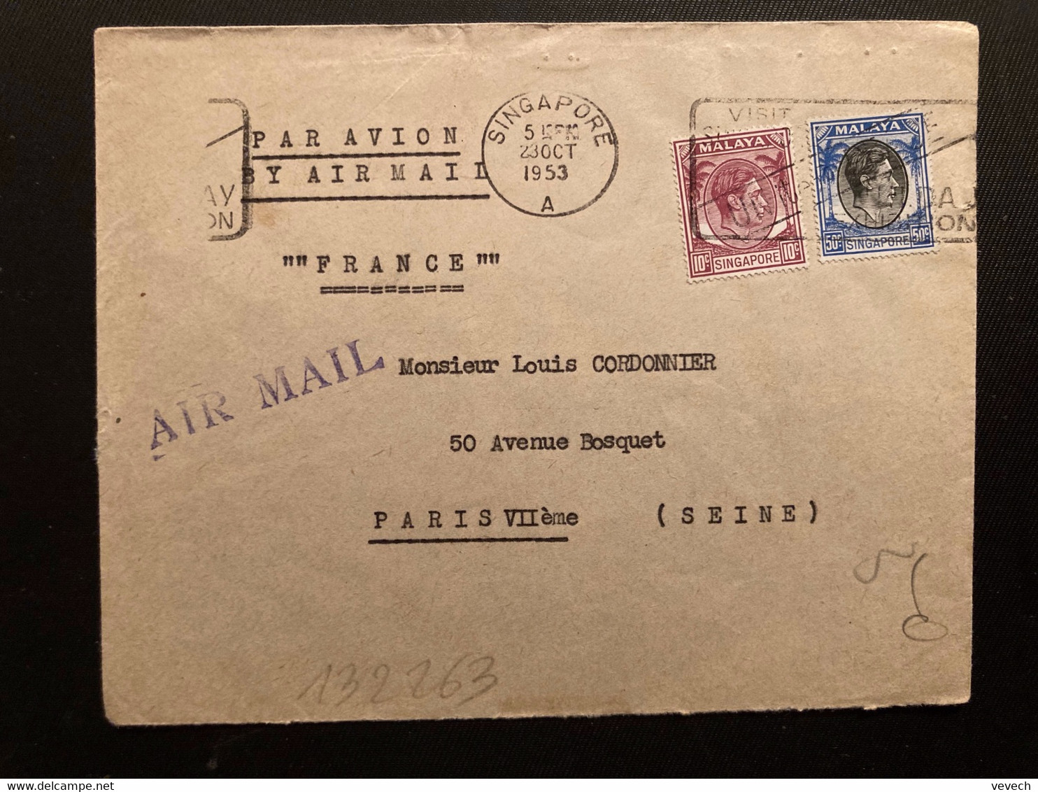 LETTRE COMPAGNIE DES MESSAGERIES MARITIMES Pour La FRANCE TP 50c + TP 10c OBL.MEC.23 OCT 1953 SINGAPORE - Federation Of Malaya