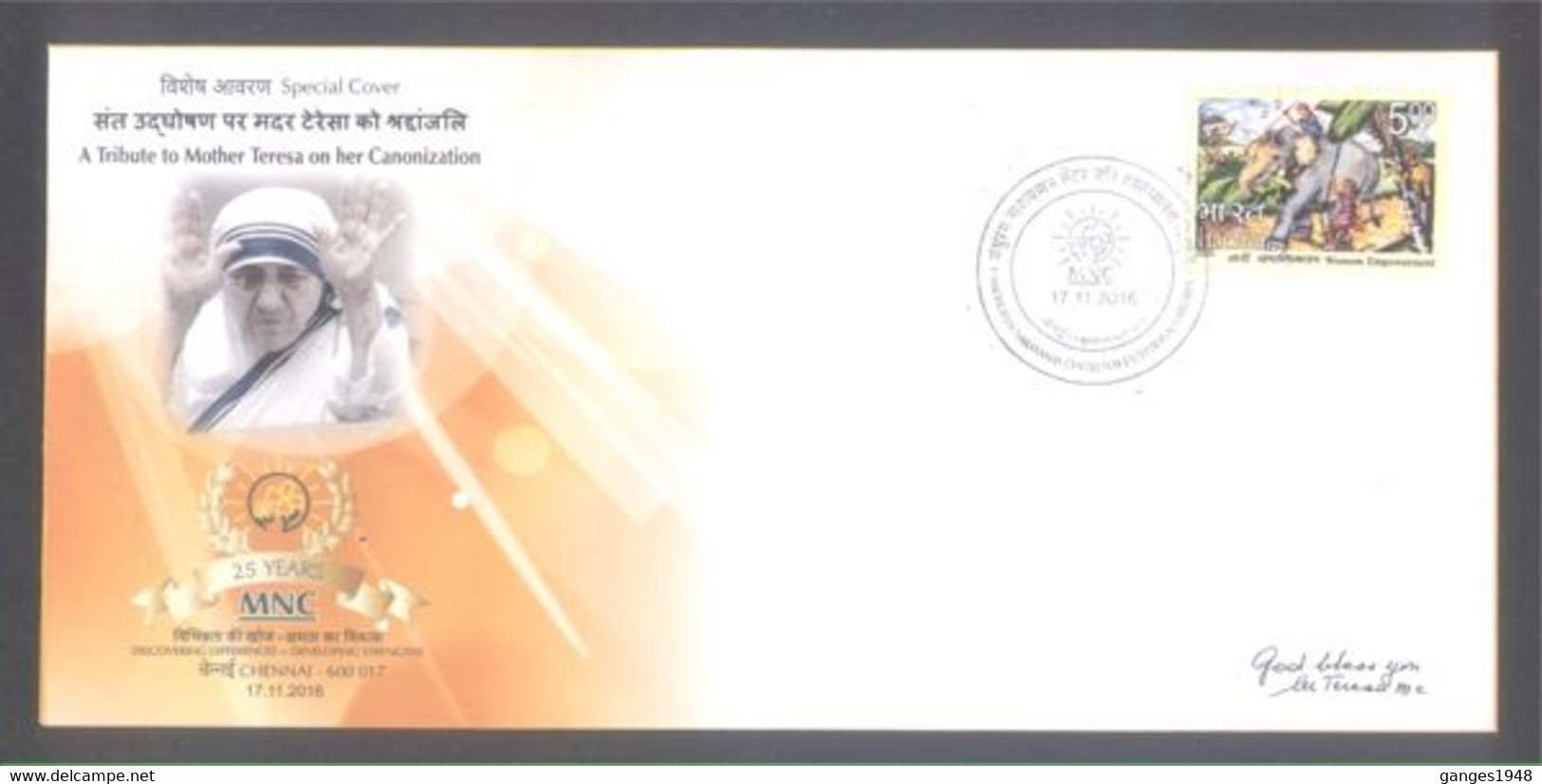 India 2016  A Tribute To Mother Teresa On Her Cannonization  Chennai  Special Cover # 35665 D Indien Inde - Mutter Teresa