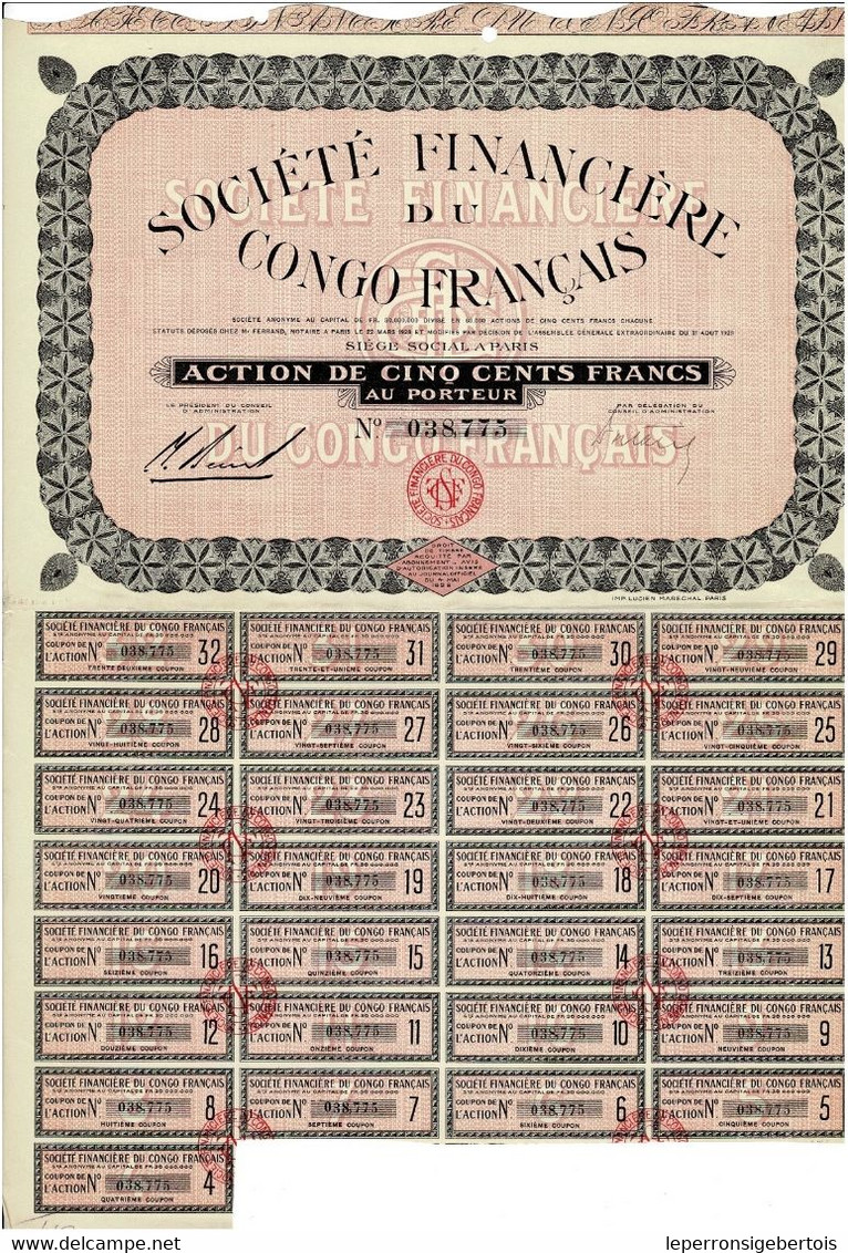 - Titre De 1928 - Société Financière Du Congo Français - - Afrique
