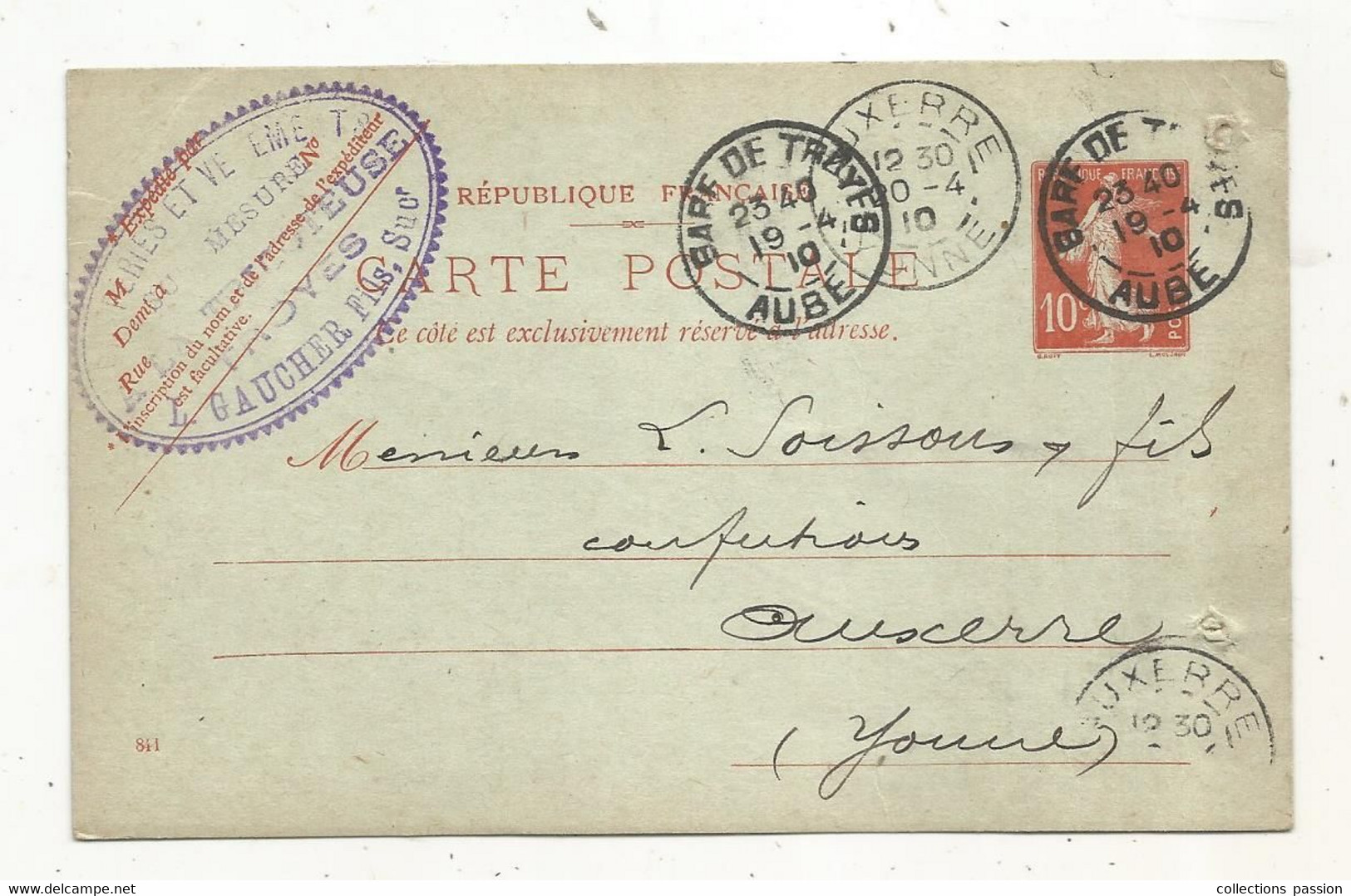Entier Postal Sur Carte Postale, GARE DE TROYES,AUBE, AUXERRE ,1910,  2 Scans - Cartes Postales Types Et TSC (avant 1995)