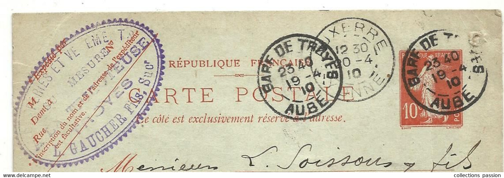Entier Postal Sur Carte Postale, GARE DE TROYES,AUBE, AUXERRE ,1910,  2 Scans - Cartes Postales Types Et TSC (avant 1995)