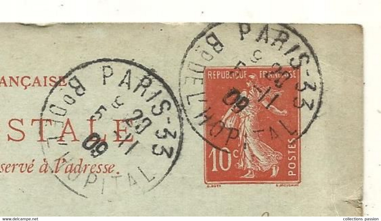 Entier Postal Sur Carte Postale, PARIS 33 ,BD DE L'HOPITAL Pour AUXERRE ,1909,  2 Scans - Standard Postcards & Stamped On Demand (before 1995)