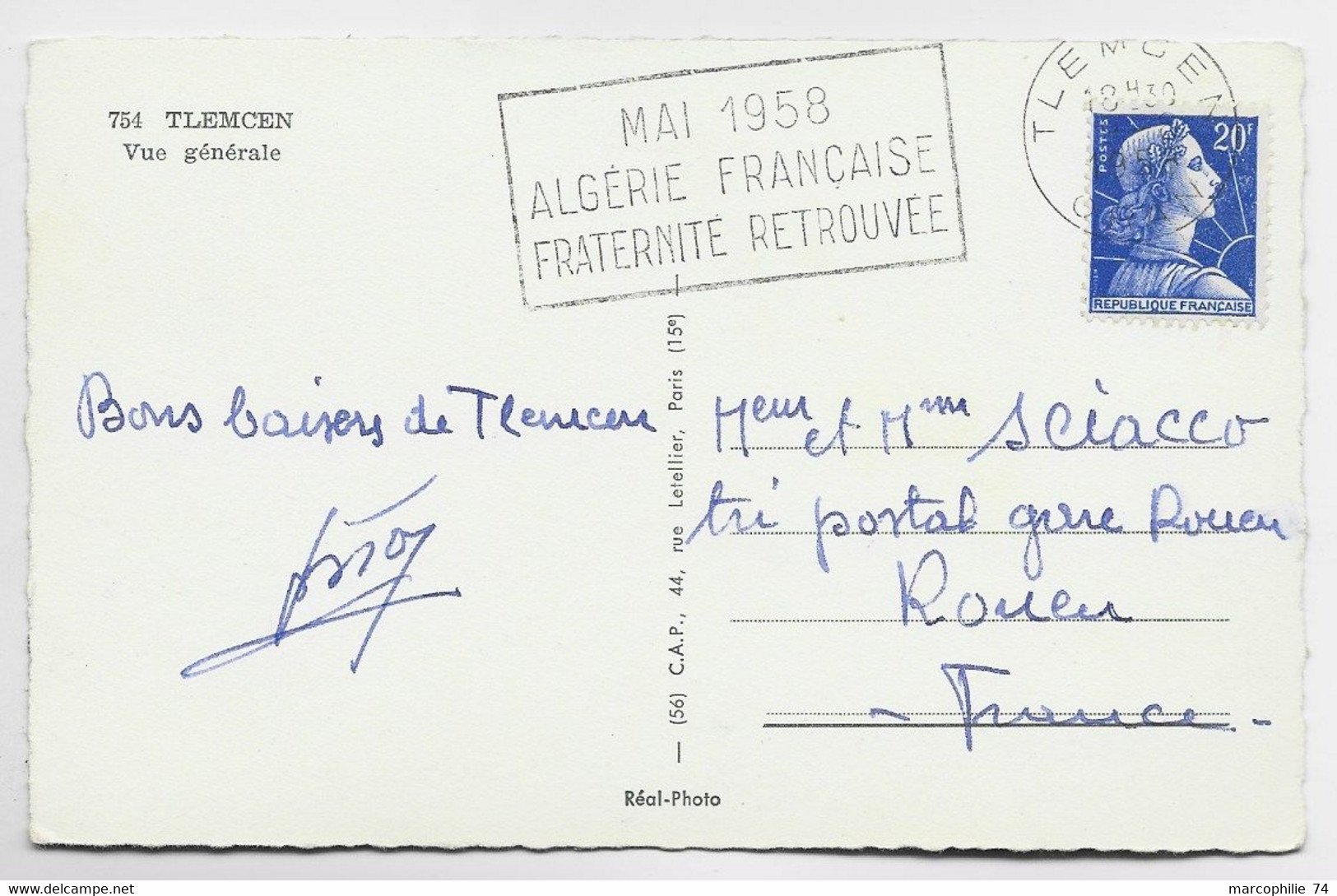 FRANCE MULLER 20FR CARTE MEC SECAP MAI 1958 ALGERIE FRANCAISE TLEMCEN 1958 ORAN - Lettres & Documents