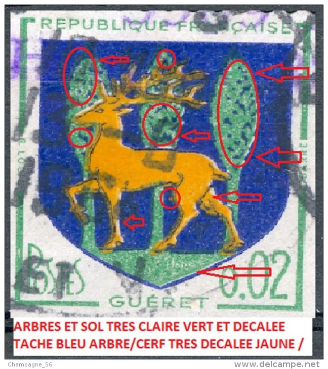 VARIÉTÉS FRANCE 1964  N° 1351 B GUÉRET 0.02  OBLITÉRÉ  SANS GOMME 13.6.1964 - Usados