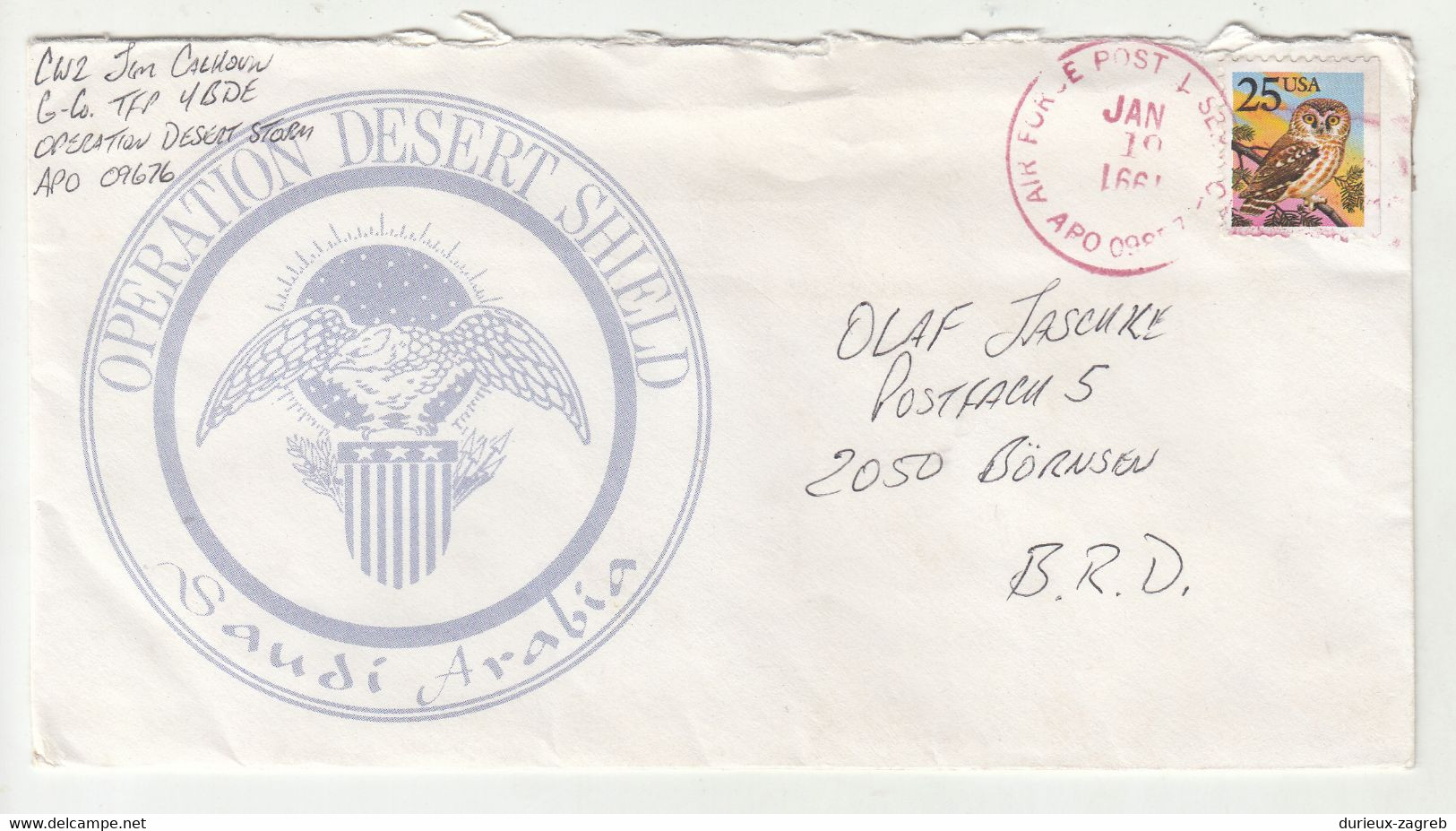 Operation Desert Shield Saudi Arabia Illustrated Letter Cover Posted 1991? Air Force Post APO 09676 B221201 - Cartas & Documentos