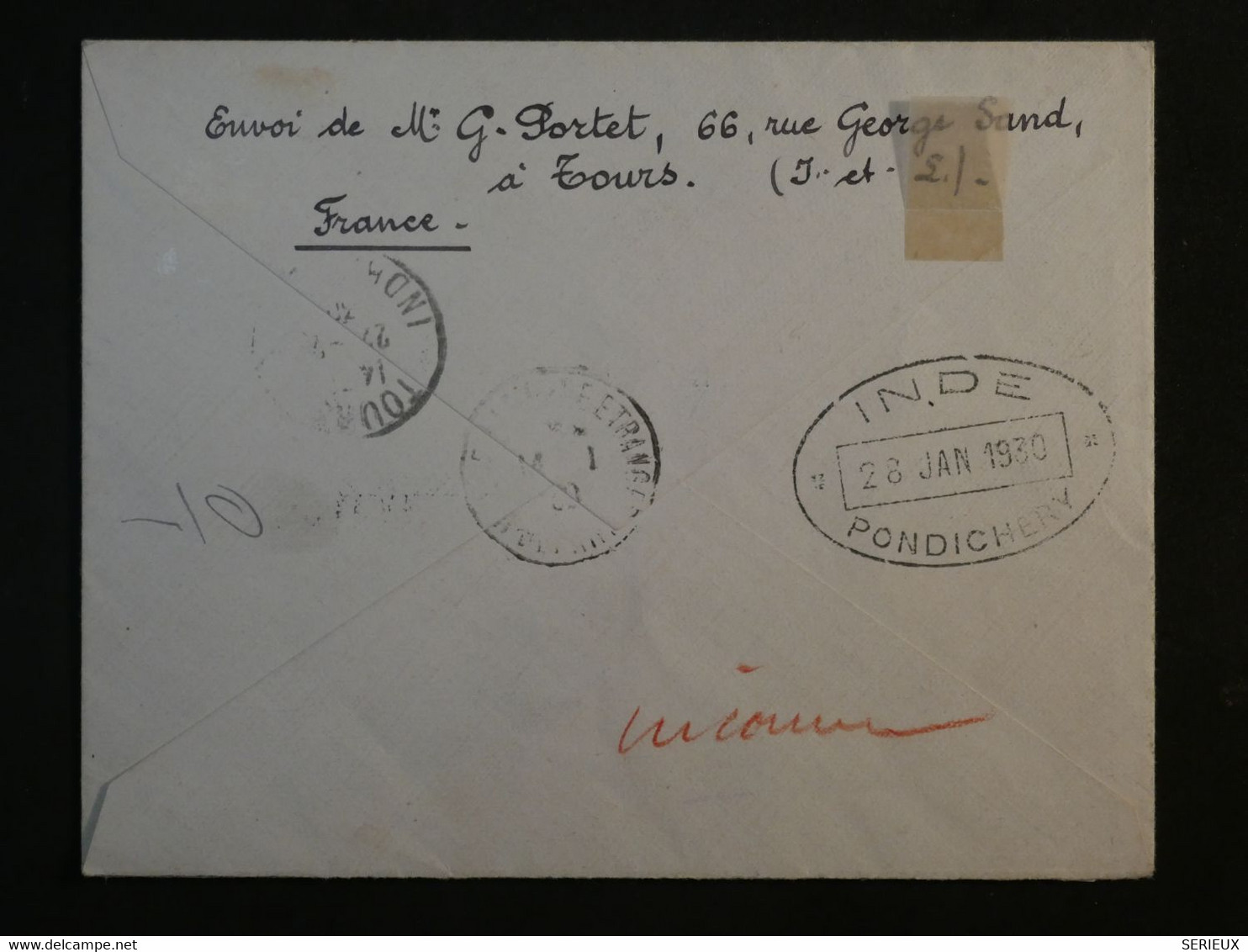 C FRANCE TRES  BELLE LETTRE RRR 1930  LIAISON AERIENNE  ISTRES A PONDICHERY INDES ++++ ORPHELIN N° 232   CA N° 255  ++++ - 1927-1959 Brieven & Documenten