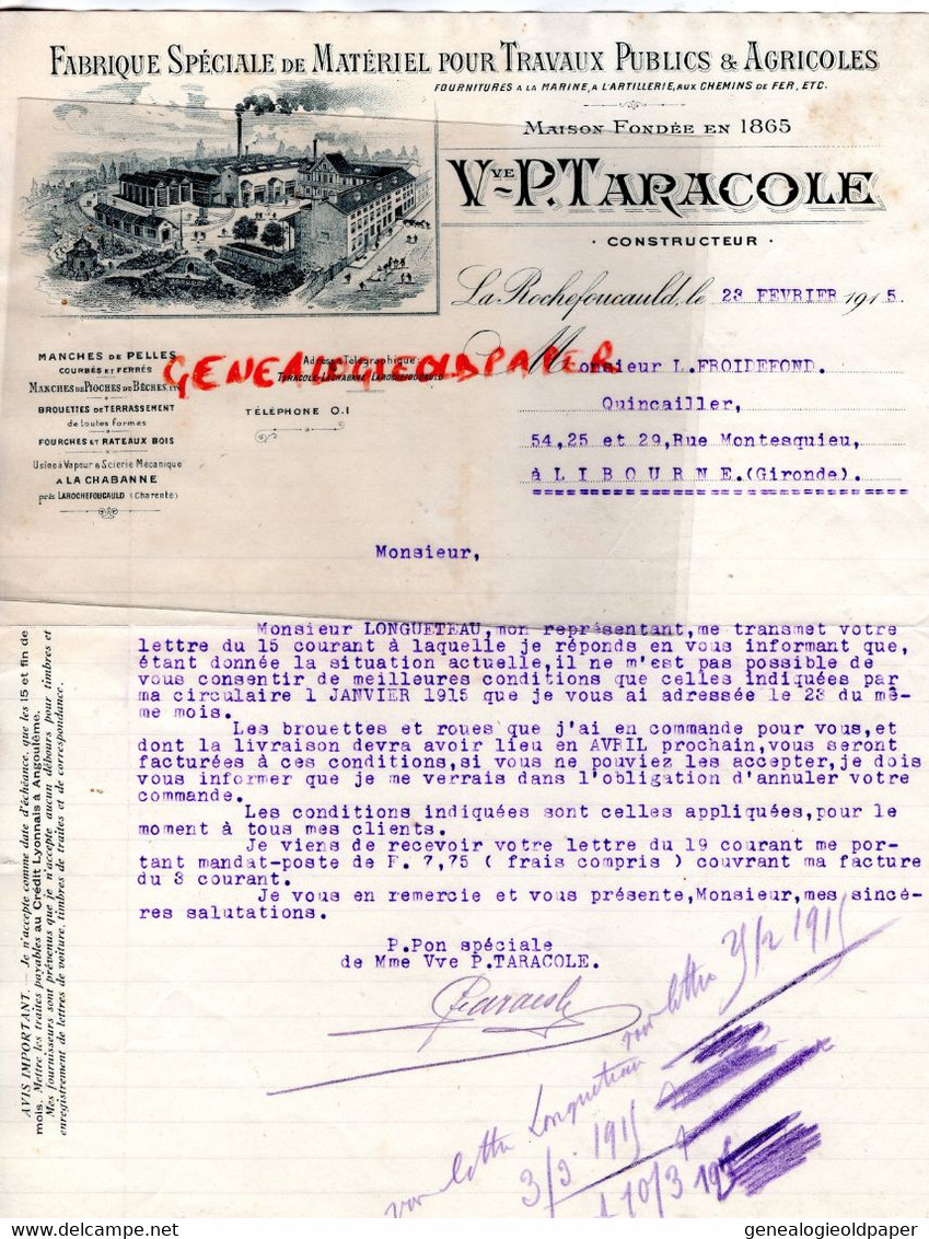 16- LA ROCHEFOUCAULD-FACTURE P. TARACOLE -FABRIQUE SPECIAL MATERIELTRAVAUX PUBLICS AGRICOLES-1915-FROIDEFOND LIBOURNE - Lebensmittel
