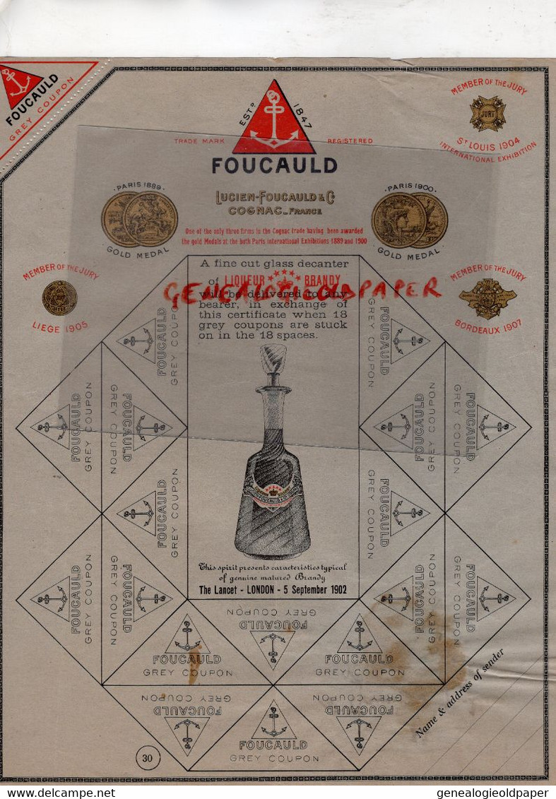 16- COGNAC- BELLE PUBLICITE LUCIEN FOUCAULD- LIQUEUR BRANDY-THE LANCET LONDON 5 SEPTEMBER 1902-LIEGE 1905-ST LOUIS 1904 - Food