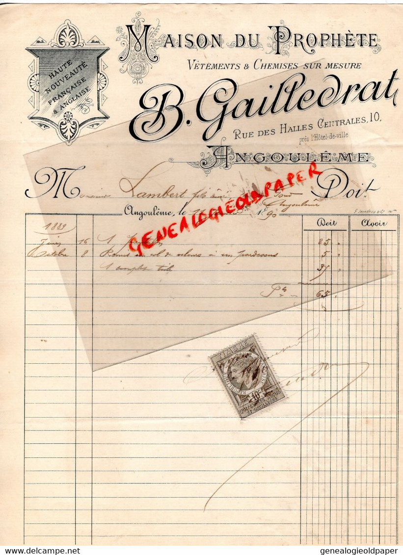16- ANGOULEME- RARE FACTURE B. GAILLEDRAT -MAISON DU PROPHETE-VETEMENTS CHEMISES-10 RUE HALLES CENTRALES-1890 - Kleidung & Textil
