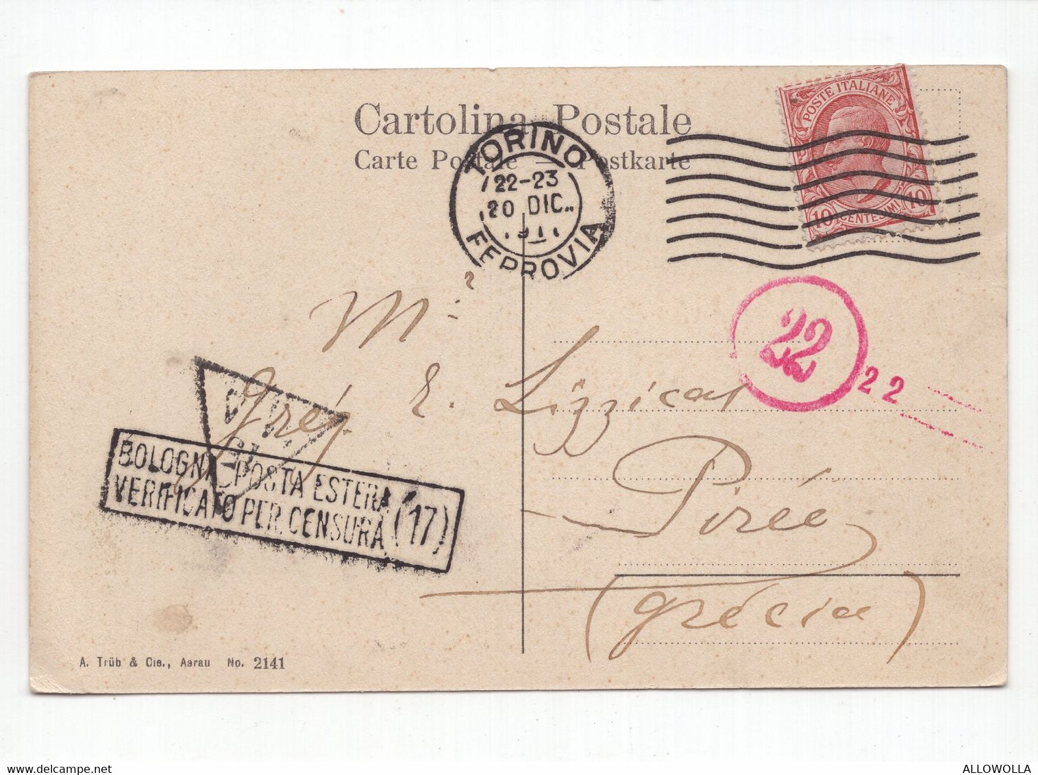 18873 " GRAND HOTEL SUISSE TERMINUS-TURIN "TIMBRO POSTA ESTERA VERIFICATO PER CENSURA-CART POST.SPED.1917 - Wirtschaften, Hotels & Restaurants