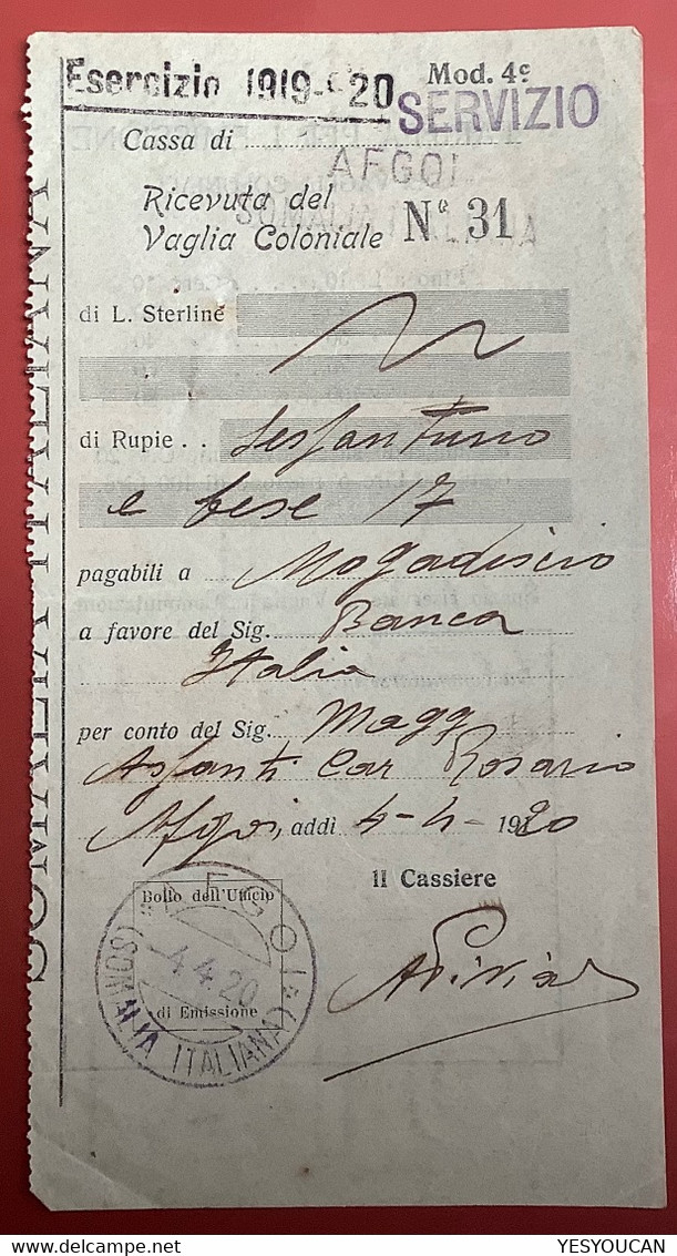 RARE "AFGOI SOMALIA ITALIANA 1920" Vaglia Coloniale Servizio (lettera Africa Orientale Italia Colonie Cover Money Order - Somalia