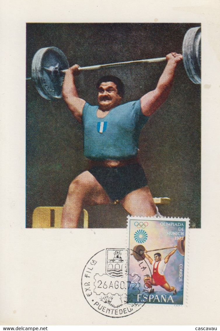 Carte Maximum  1er  Jour   ESPAGNE  Haltérophilie   Jeux  Olympiques  MUNICH   1972 - Gewichtheffen