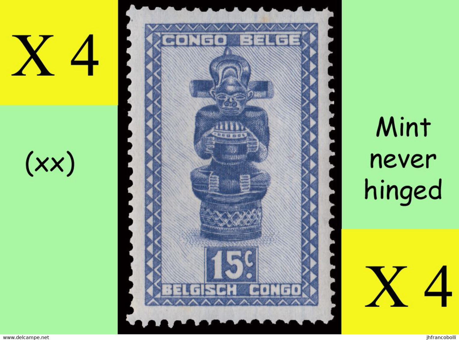 1947 ** BELGIAN CONGO / CONGO BELGE = COB 278 MNH MASKS & CARVINGS : BLOCK OF -4- STAMPS WITH ORIGINAL GUM - Blocks & Sheetlets