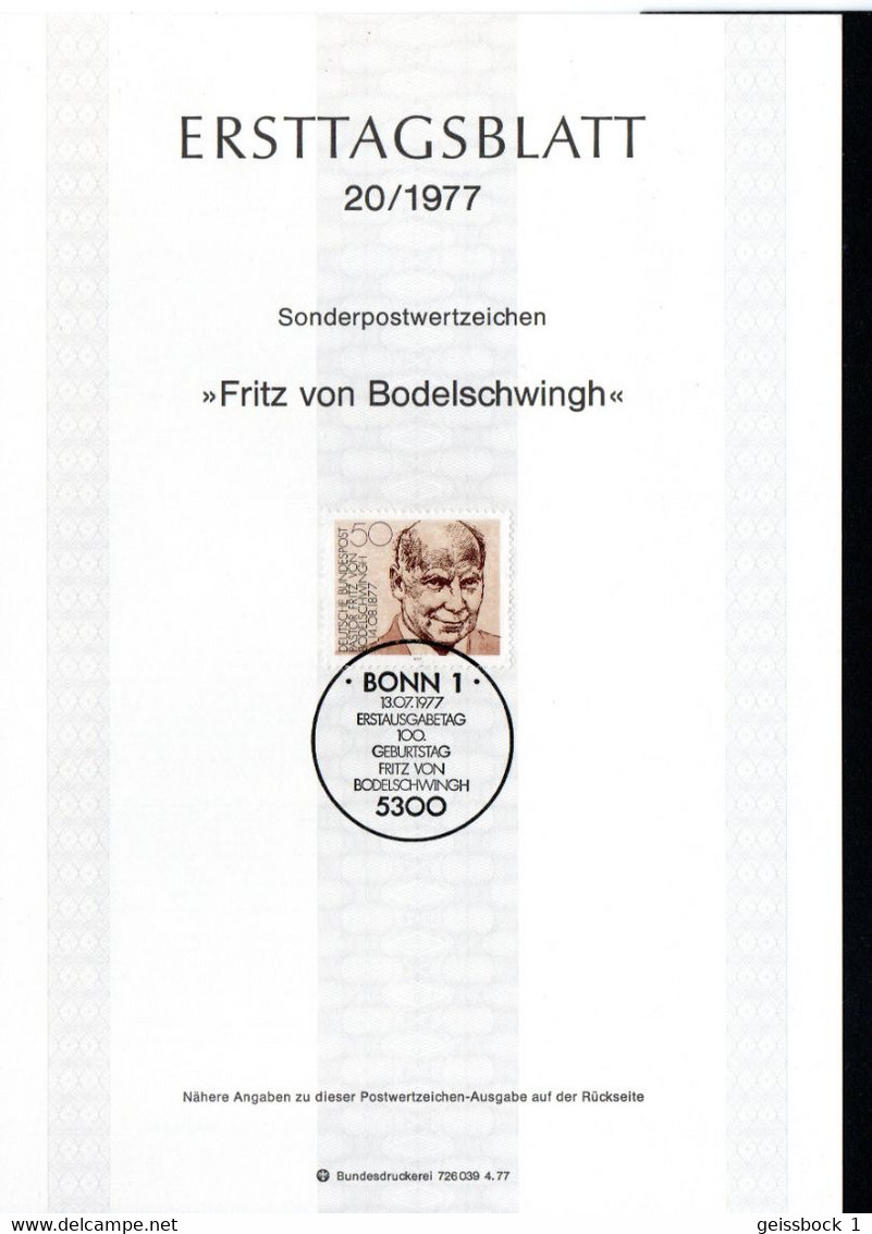 Bund 1977: Mi.-Nr. 942  ETB 20/1977:   Von Bodelschwigh     (B014) - 1974-1980