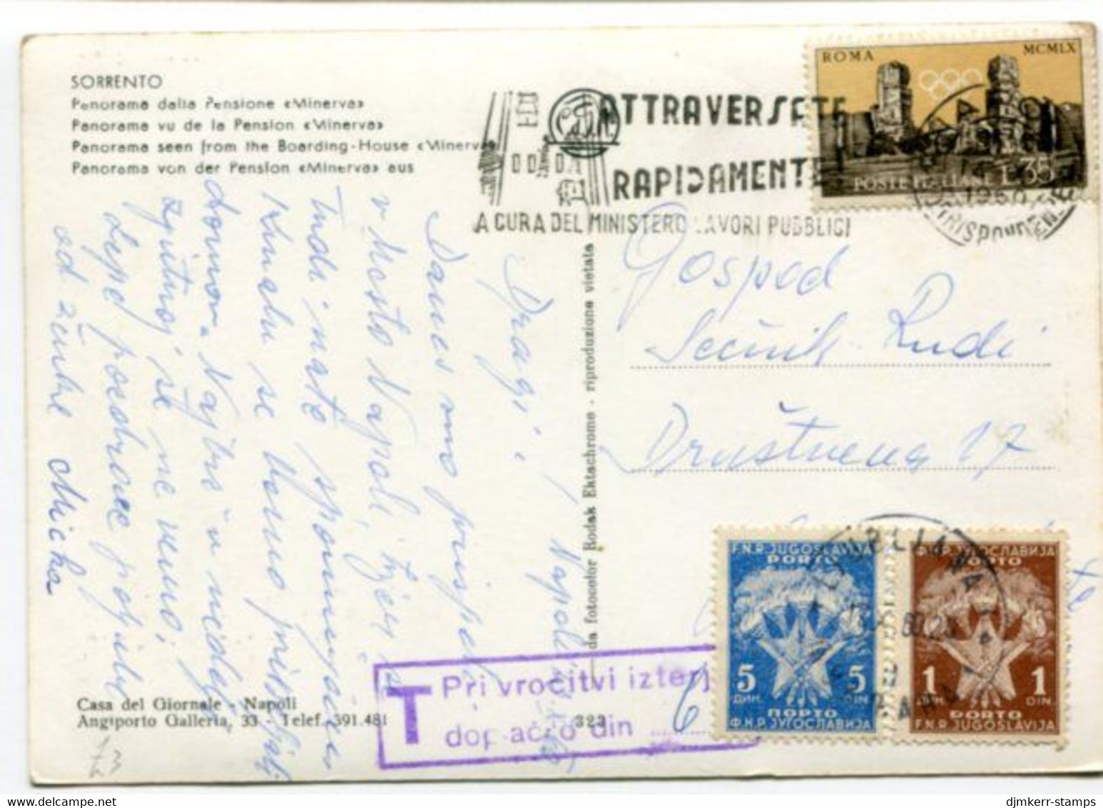 YUGOSLAVIA 1960 Underpaid Postcard From Italy With 1 And 5 D. Postage Due Stamps, Cancelled Split. - Timbres-taxe