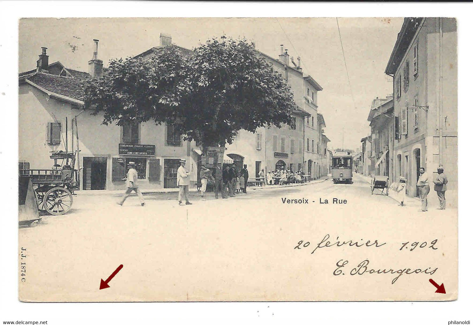 Versoix, La Rue, Tramway, Belle Animation, Terrasse De Restaurant Animée, Circulée Cachet  Versoix 1902 - Versoix