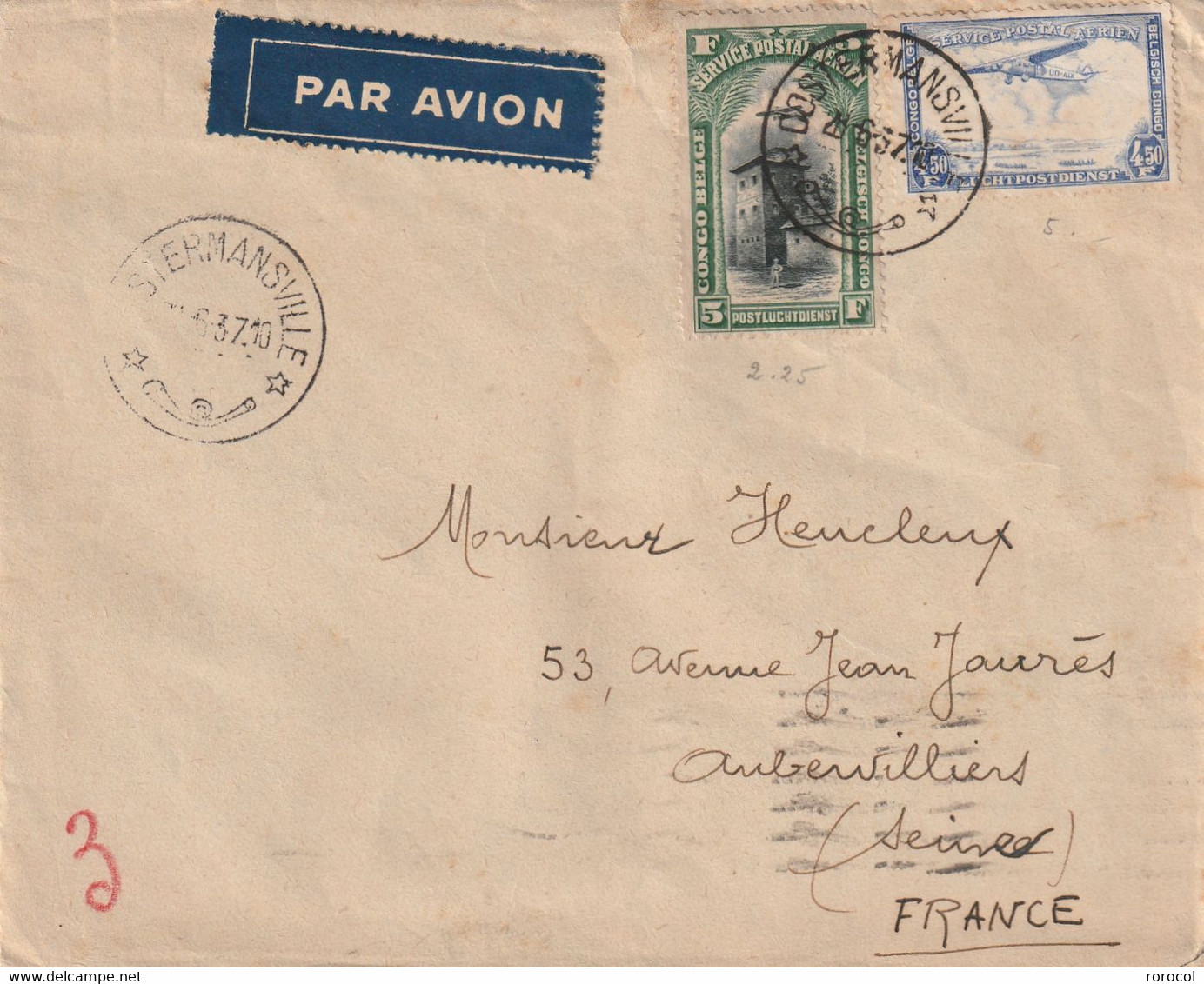 CONGO BELGE Lettre COSTERMANSVILLE 1937 Pour La France AU DOS TRANSIT RUTSHURU Et MARSEILLE - GARE- AVION - Briefe U. Dokumente