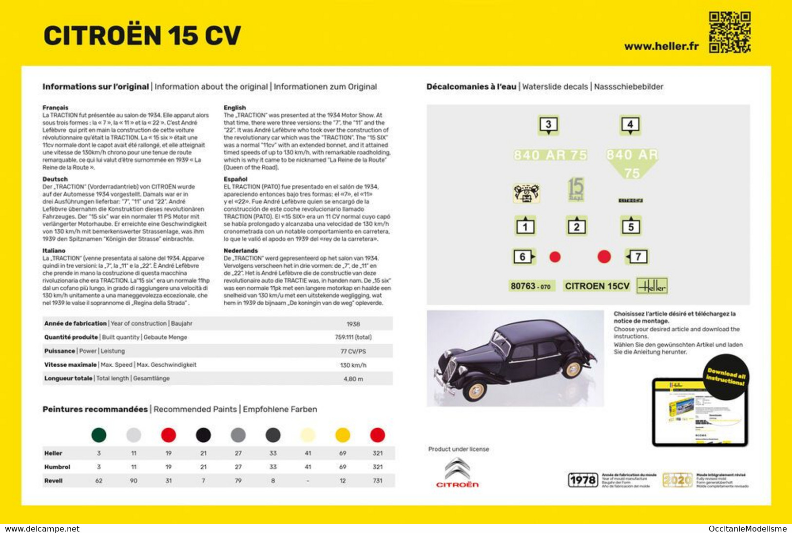 Heller - CITROEN 15CV TRACTION  Maquette Kit Plastique Réf. 80763 NBO Neuf 1/24 - Autos