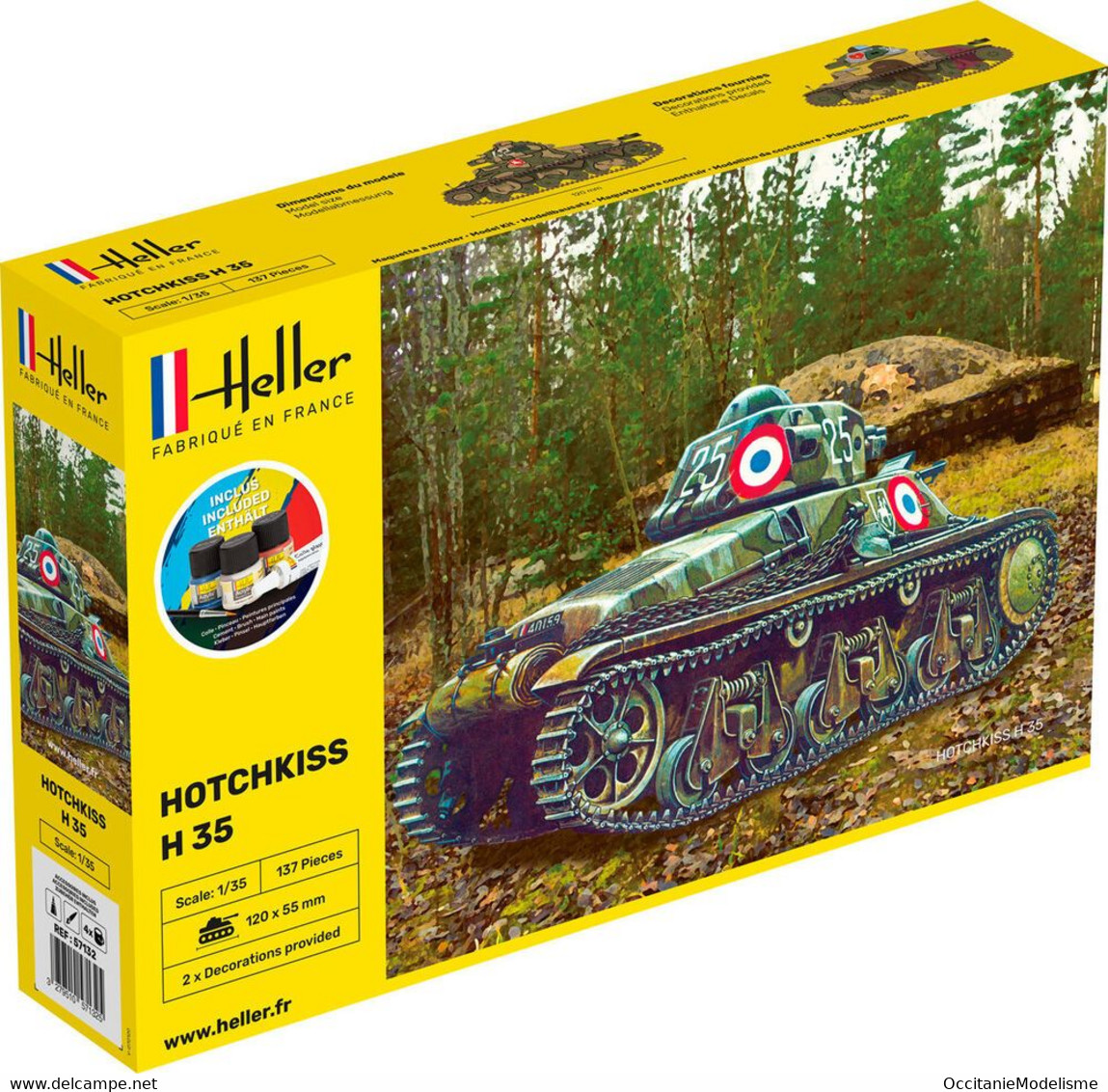 Heller - SET CHAR HOTCHKISS H 35 Starter Kit + Peintures + Colle Maquette Kit Plastique Réf. 57132 NBO Neuf 1/35 - Véhicules Militaires