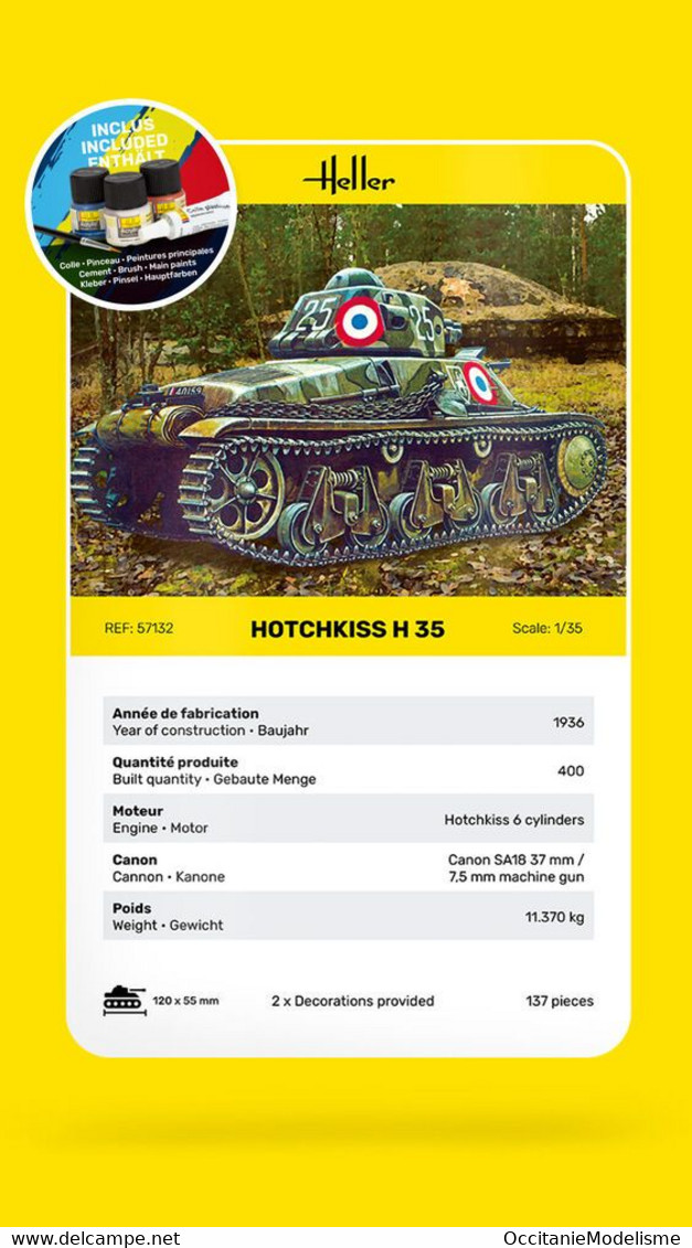 Heller - SET CHAR HOTCHKISS H 35 Starter Kit + Peintures + Colle Maquette Kit Plastique Réf. 57132 NBO Neuf 1/35 - Véhicules Militaires